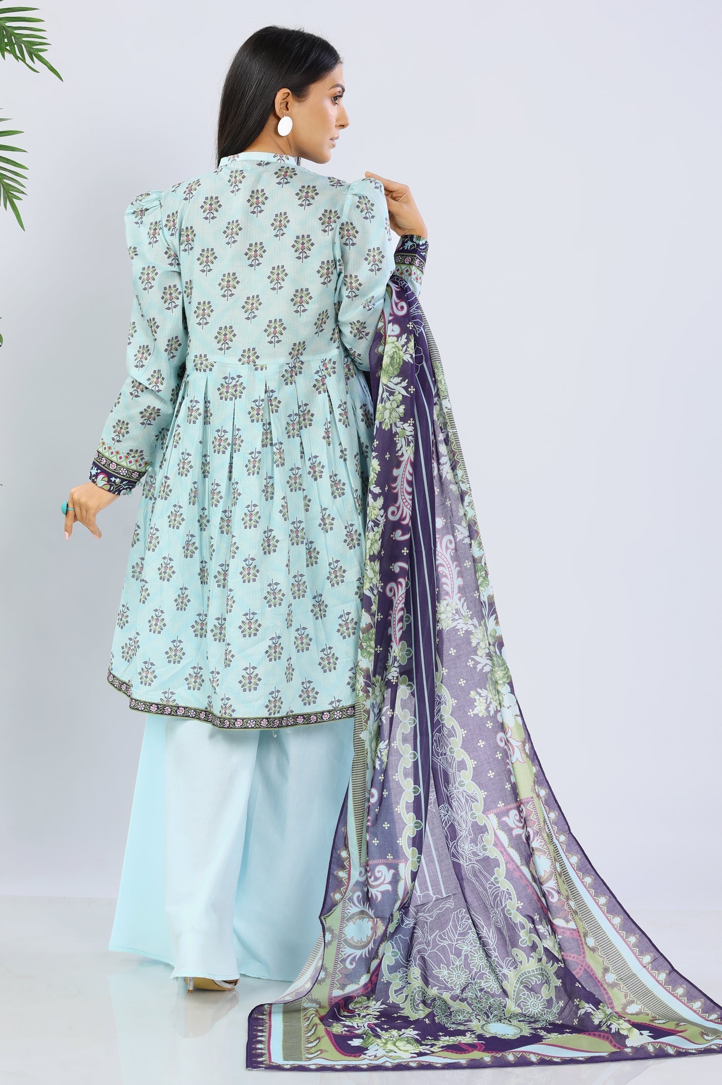 Unstitched 3 Piece Printed Shirt, Printed Dupatta, Dyed Trouser - Diners