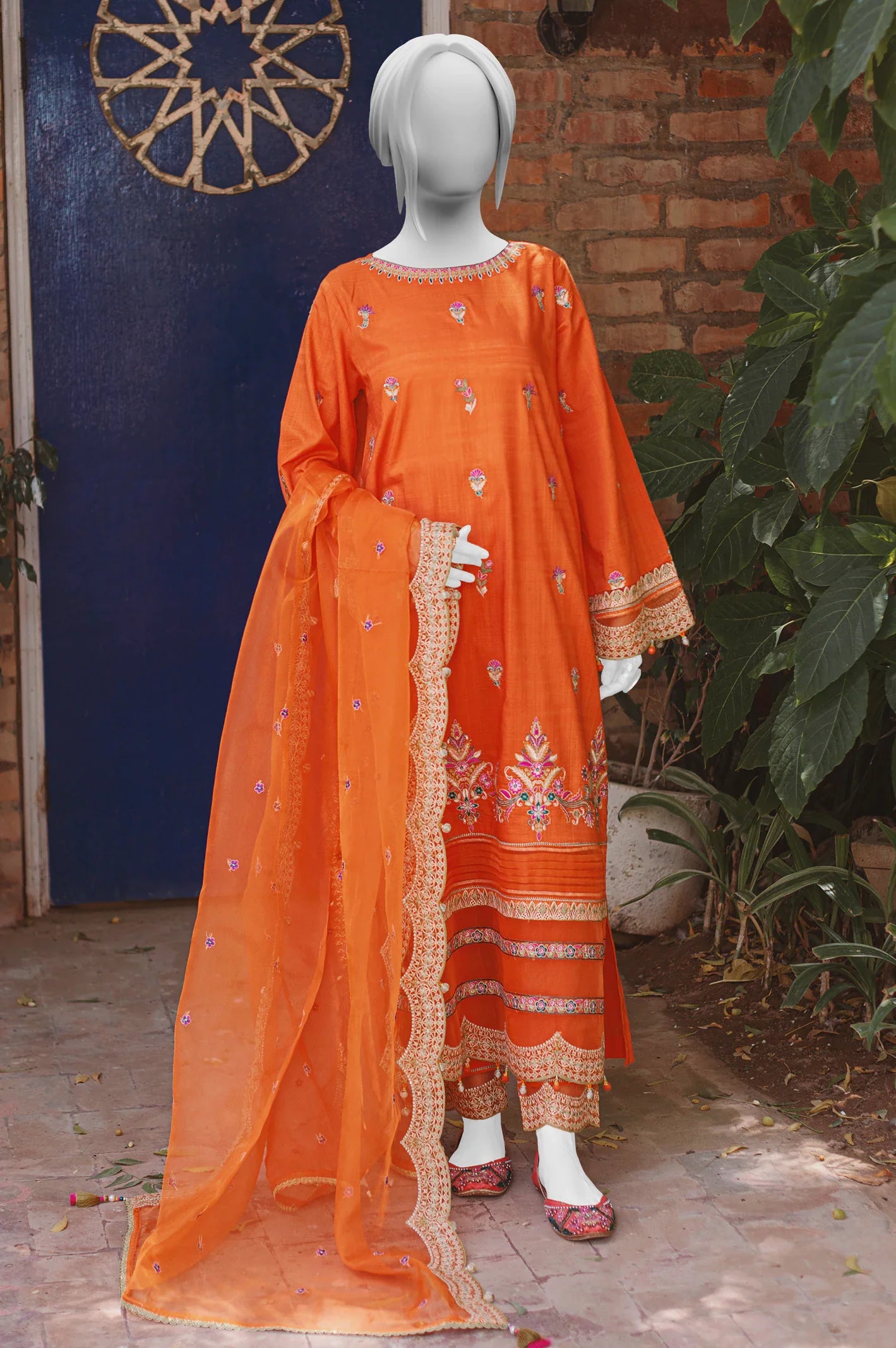 Orange Crosshatch 3PC Unstitched Embroidered Suit