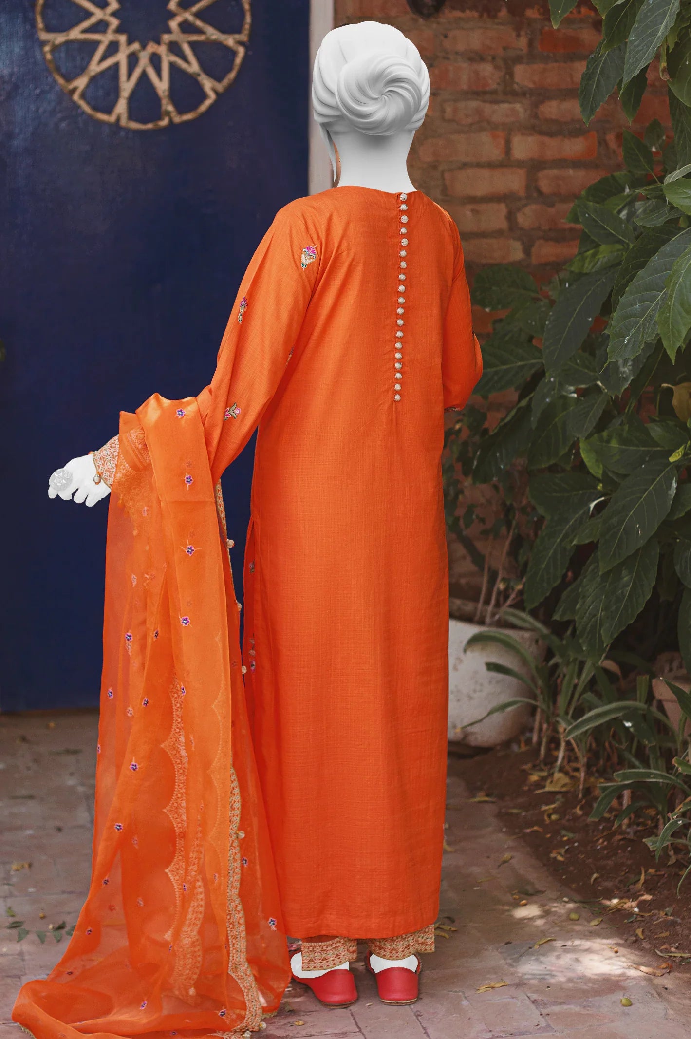 3PC Embroidered Unstitched Orange Crosshatch Suit