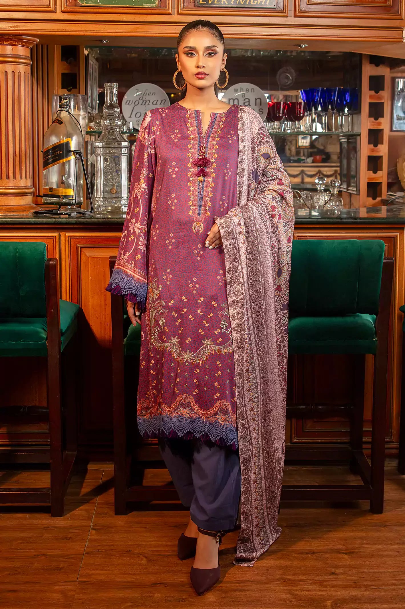 Purple Viscose Digital Printed 3PC Unstitched Suit From Sohaye By Diners