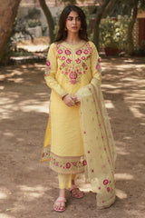 Yellow 3PC Unstitched Pearl Slub Embroidered Suit