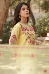 3PC Unstitched Embroidered Yellow Pearl Slub Suit