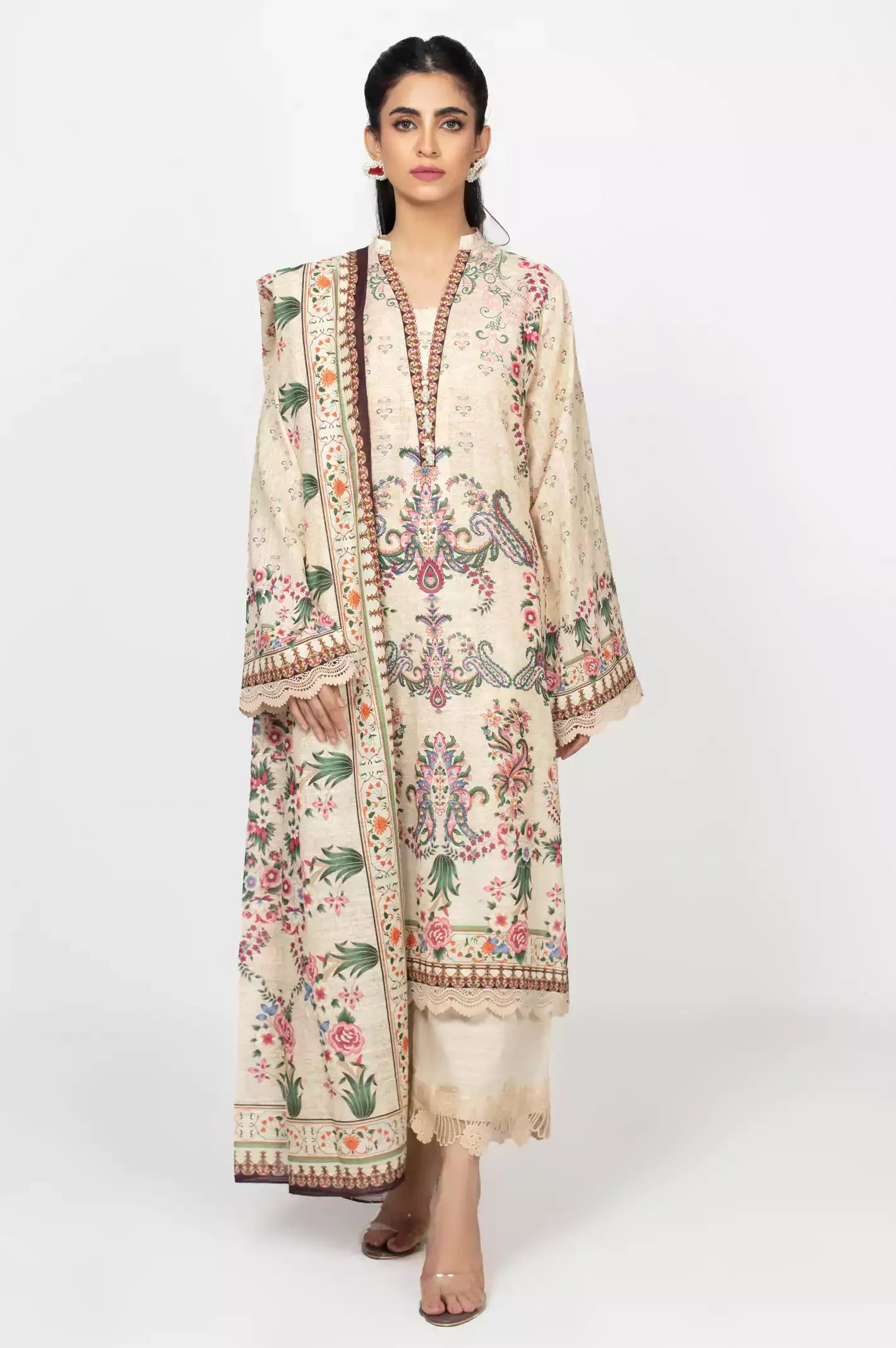 Beige Khaddar Printed 3PC Unstitched Suit From Sohaye By Diners