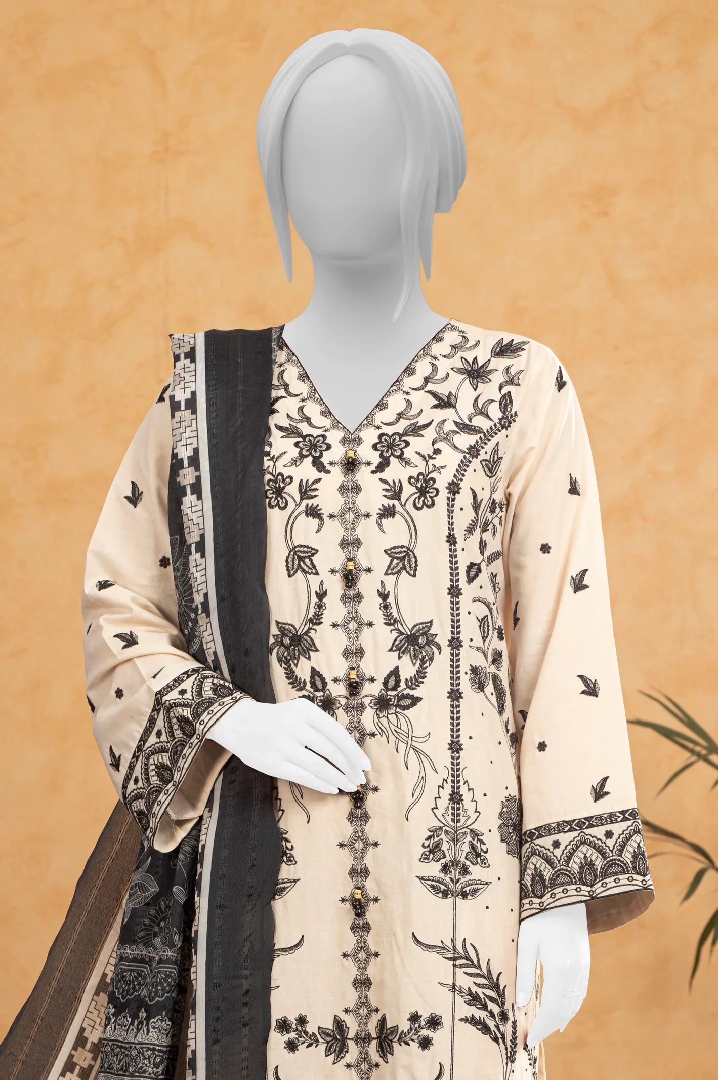 Cream 3PC Unstitched Embroidered Suit