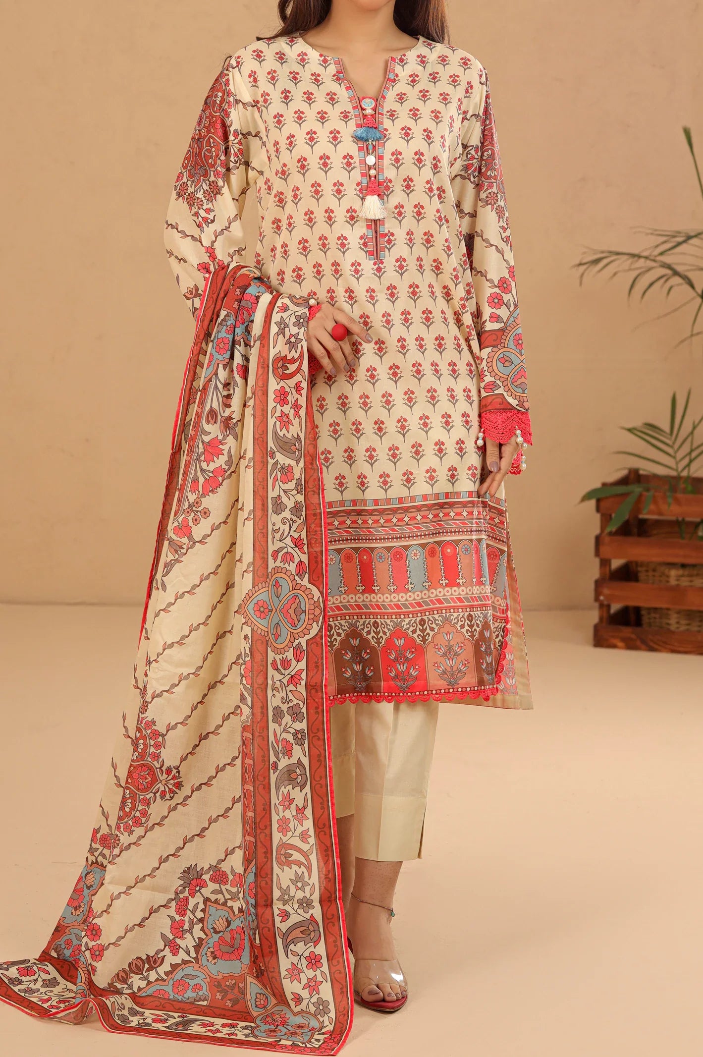 Cream Printed 3PC Unstitched From Sohaye By Diners