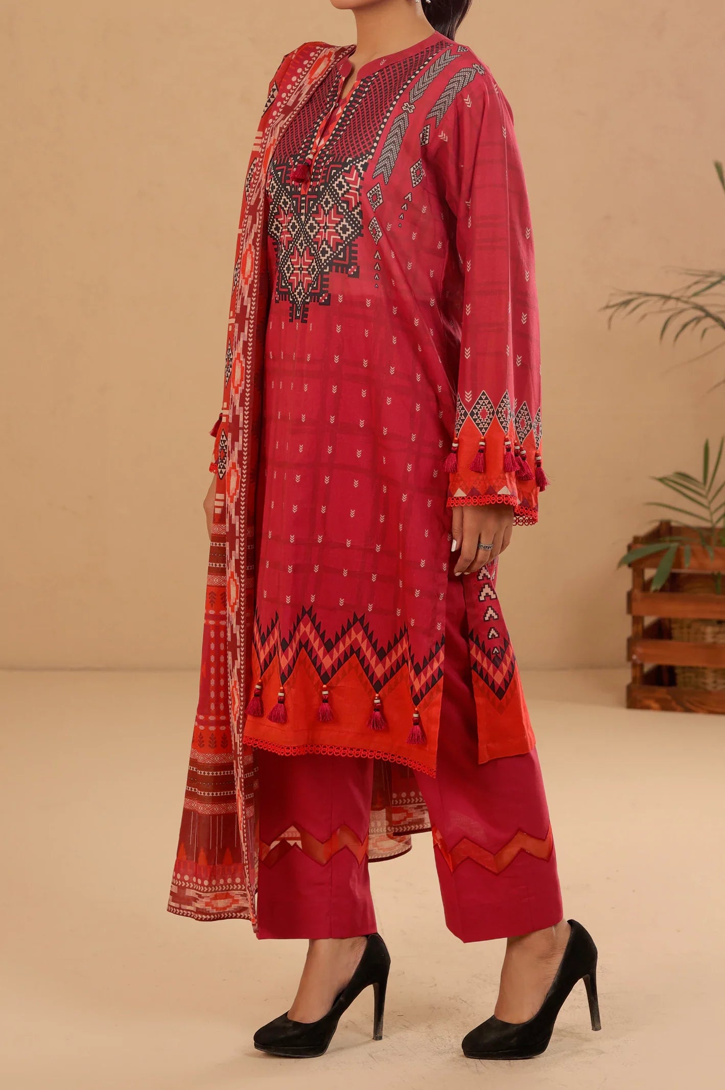 Red Printed 3PC Unstitched From Sohaye By Diners