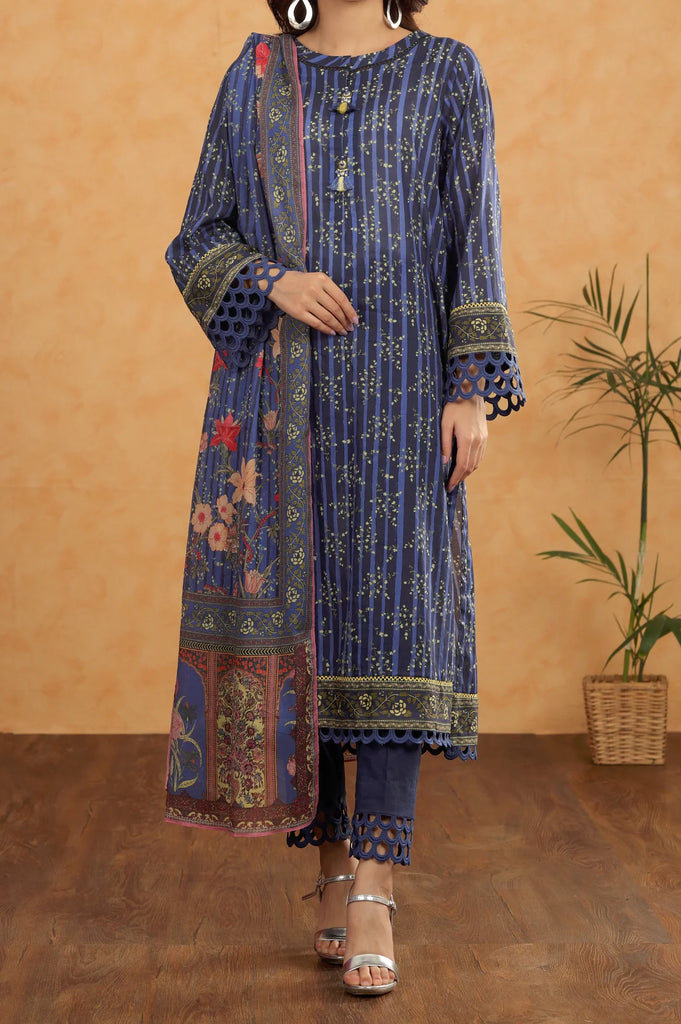 3PC Printed Unstitched Blue Suit