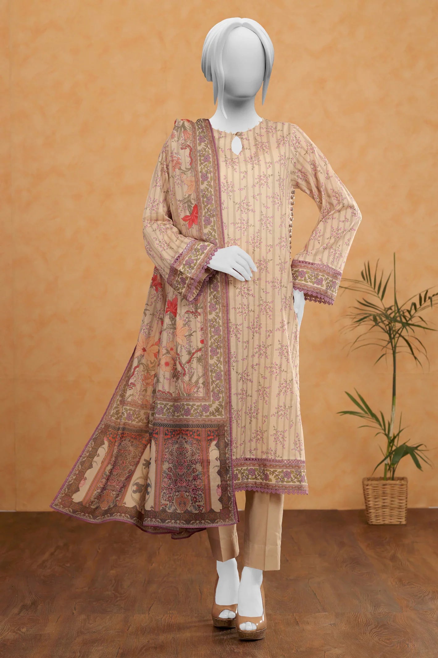 Cream Printed 3PC Unstitched Suit