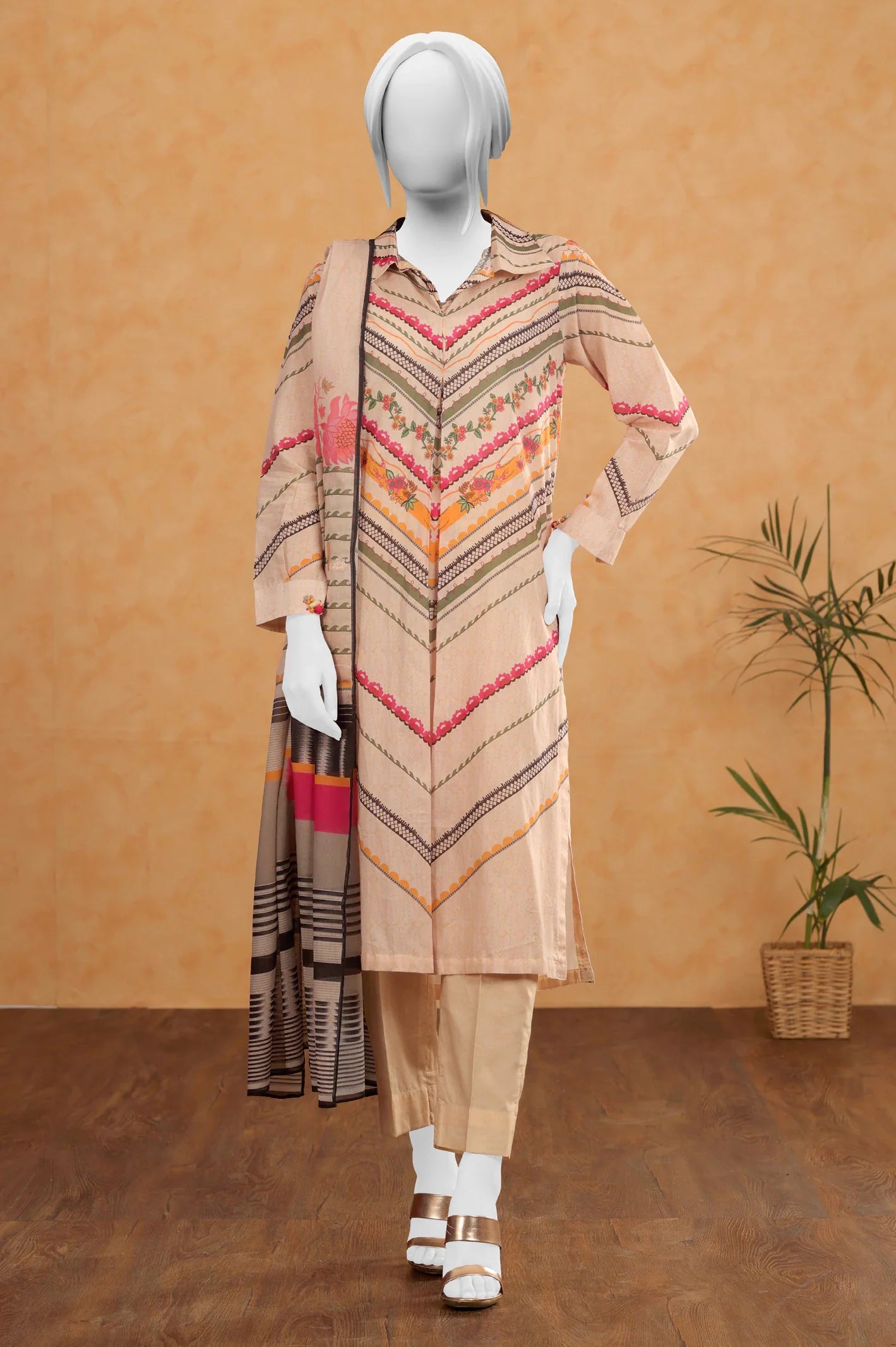 Cream Printed 3PC Unstitched Suit