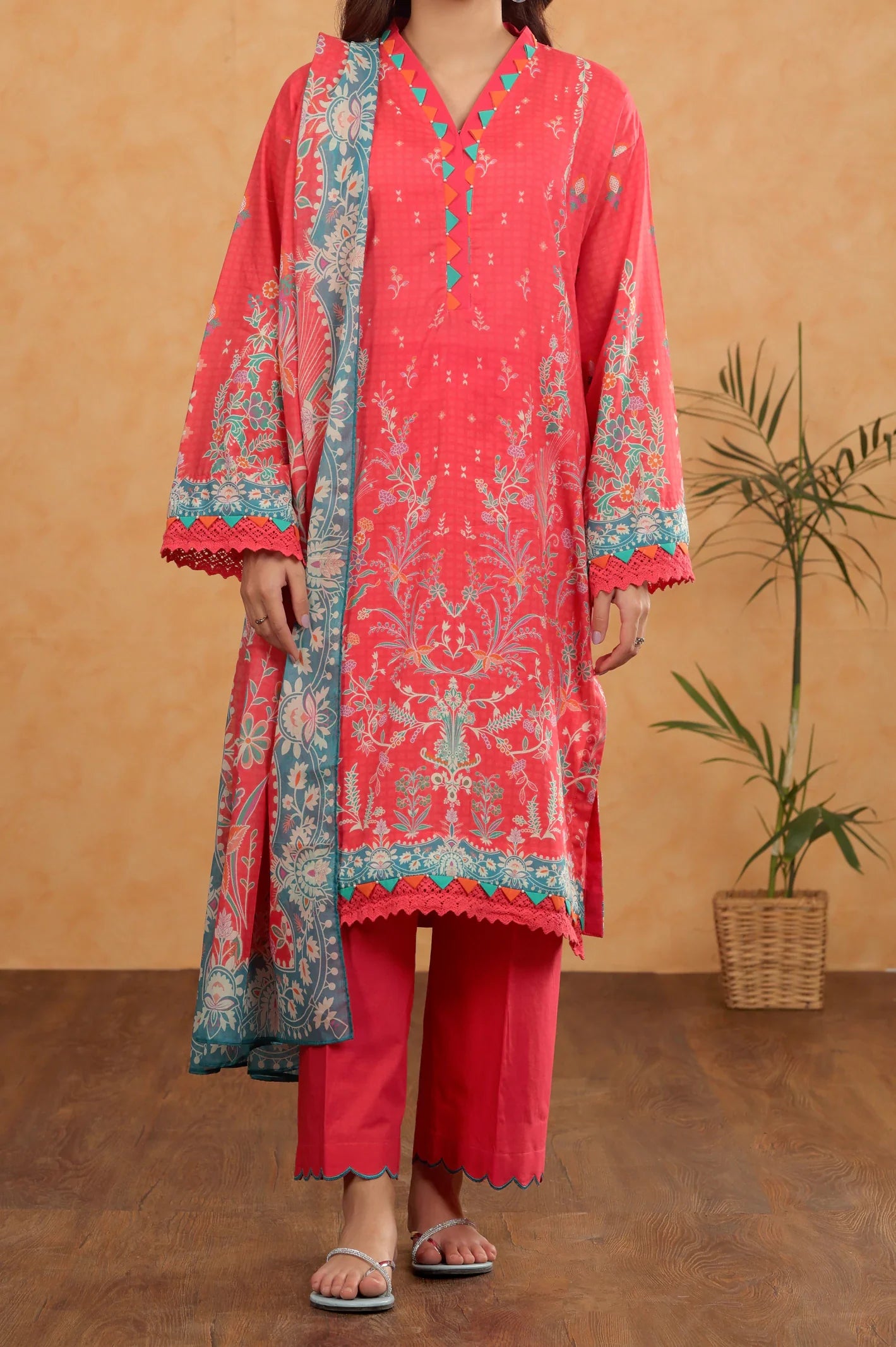 3PC Pink Printed Unstitched Suit