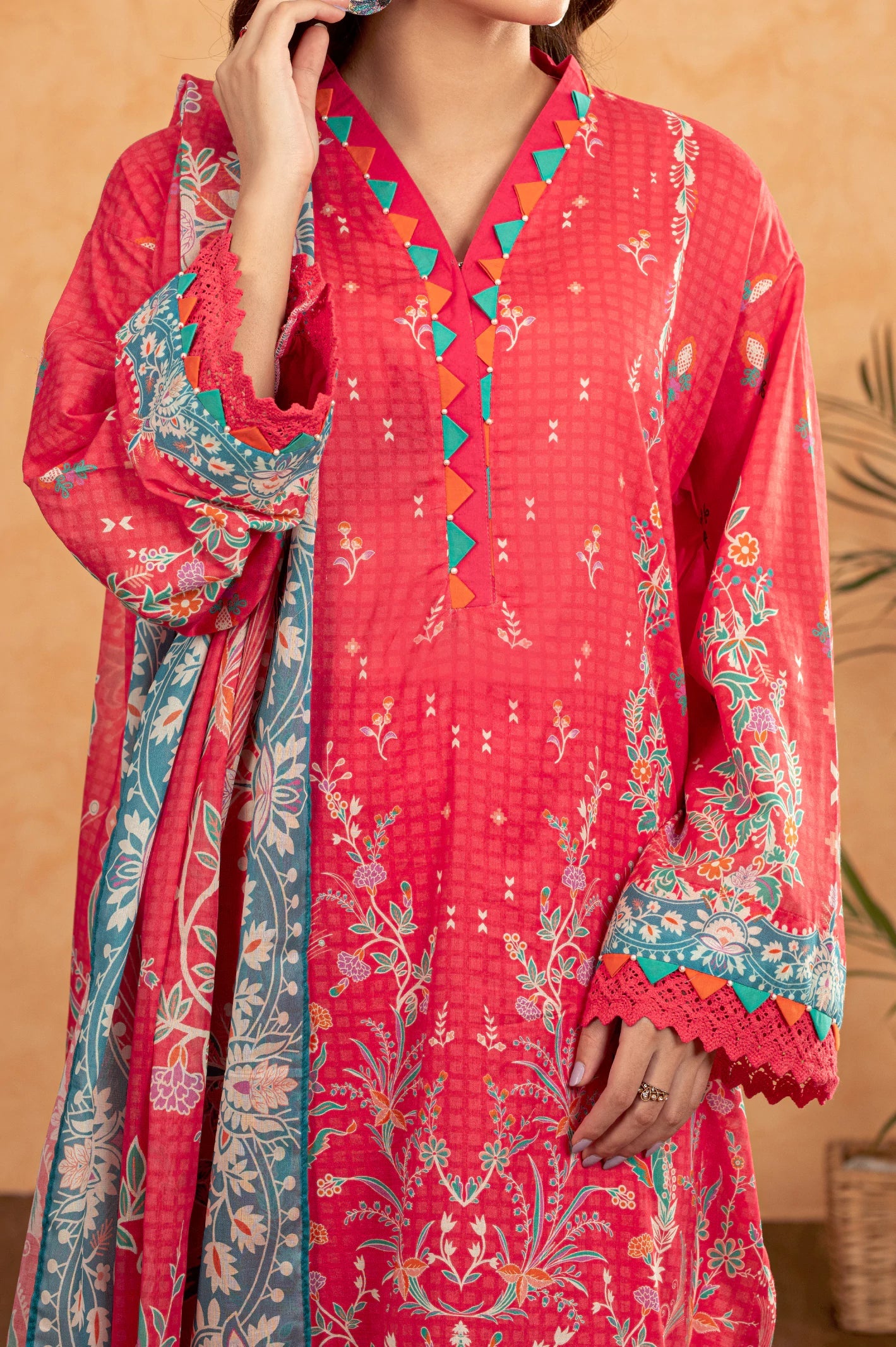 3PC Printed Unstitched Pink Suit