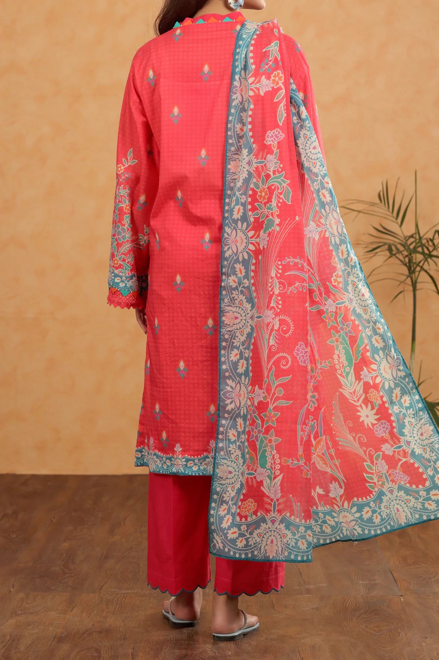 3PC Pink  Printed Unstitched Suit