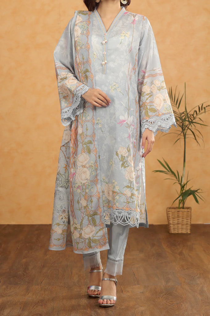 3PC Sky Blue Unstitched Printed Suit