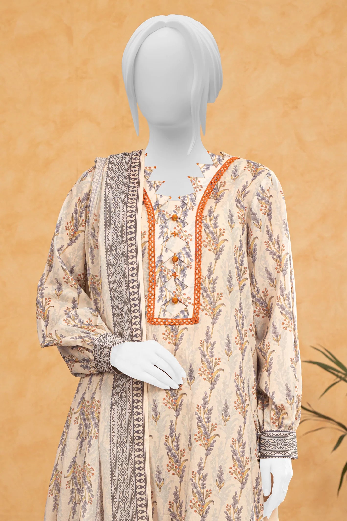 3PC Beige Printed Unstitched Suit