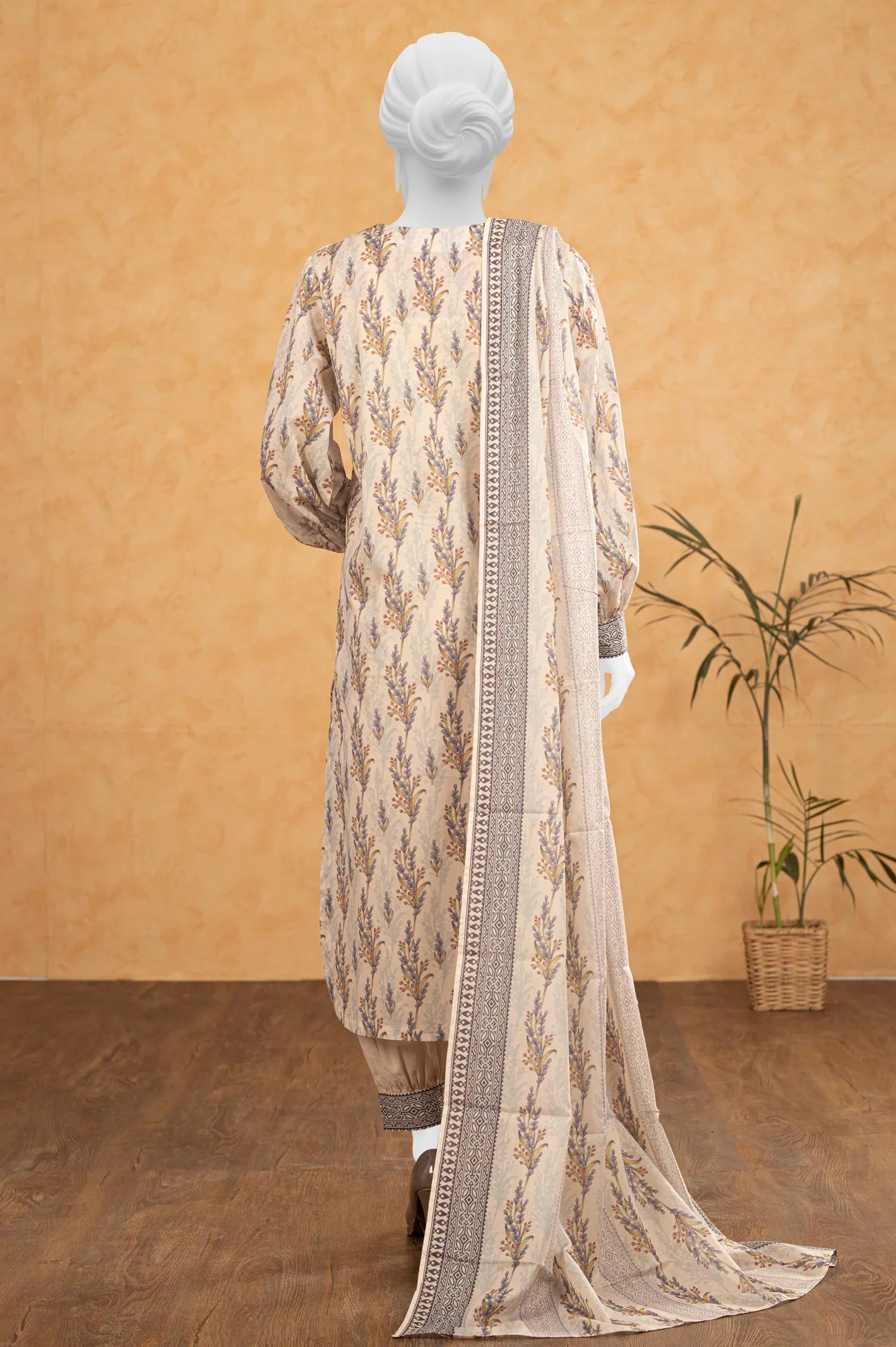 3PC Unstitched Beige Printed Lawn Suit