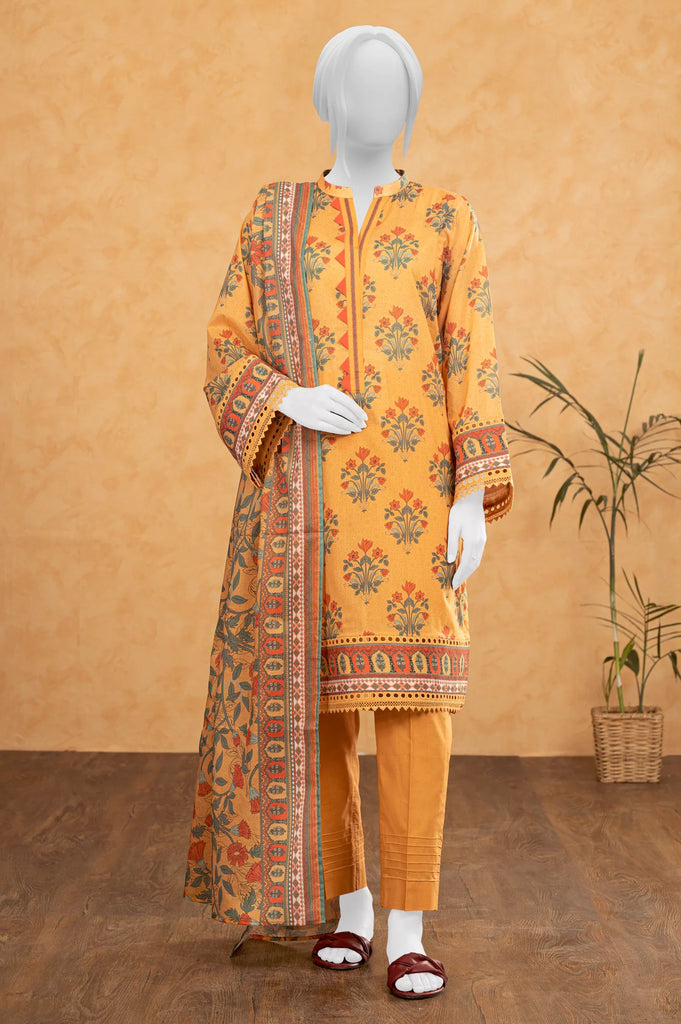 Orange Printed 3PC Unstitched Suit