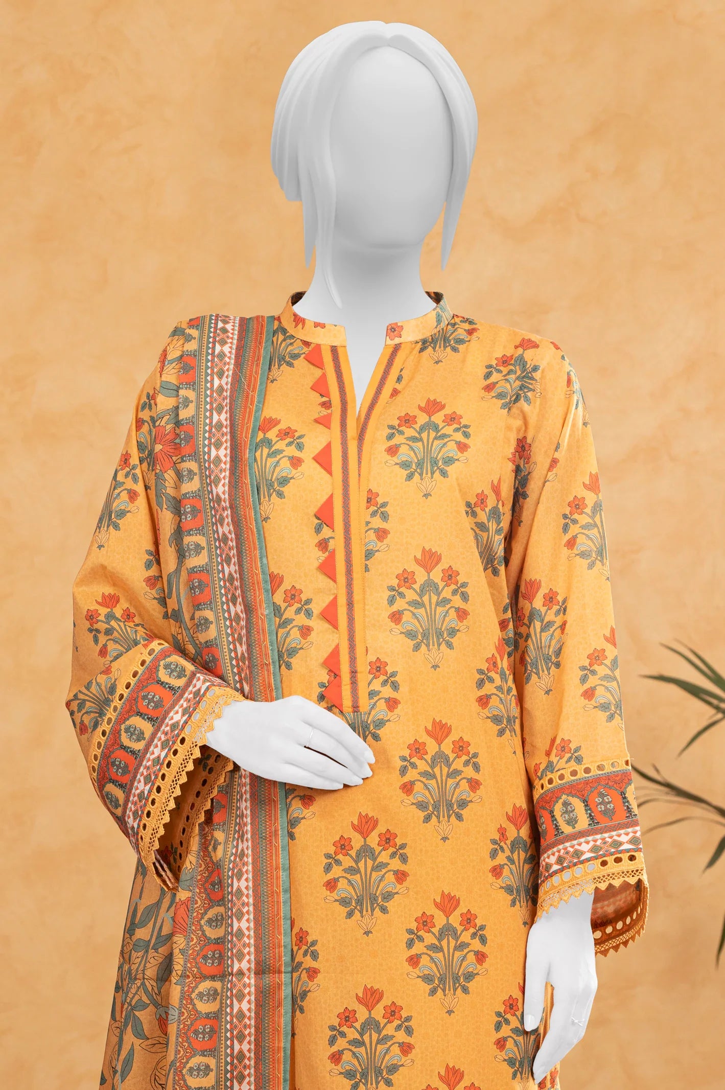 3PC Orange Printed Unstitched Lawn Suit