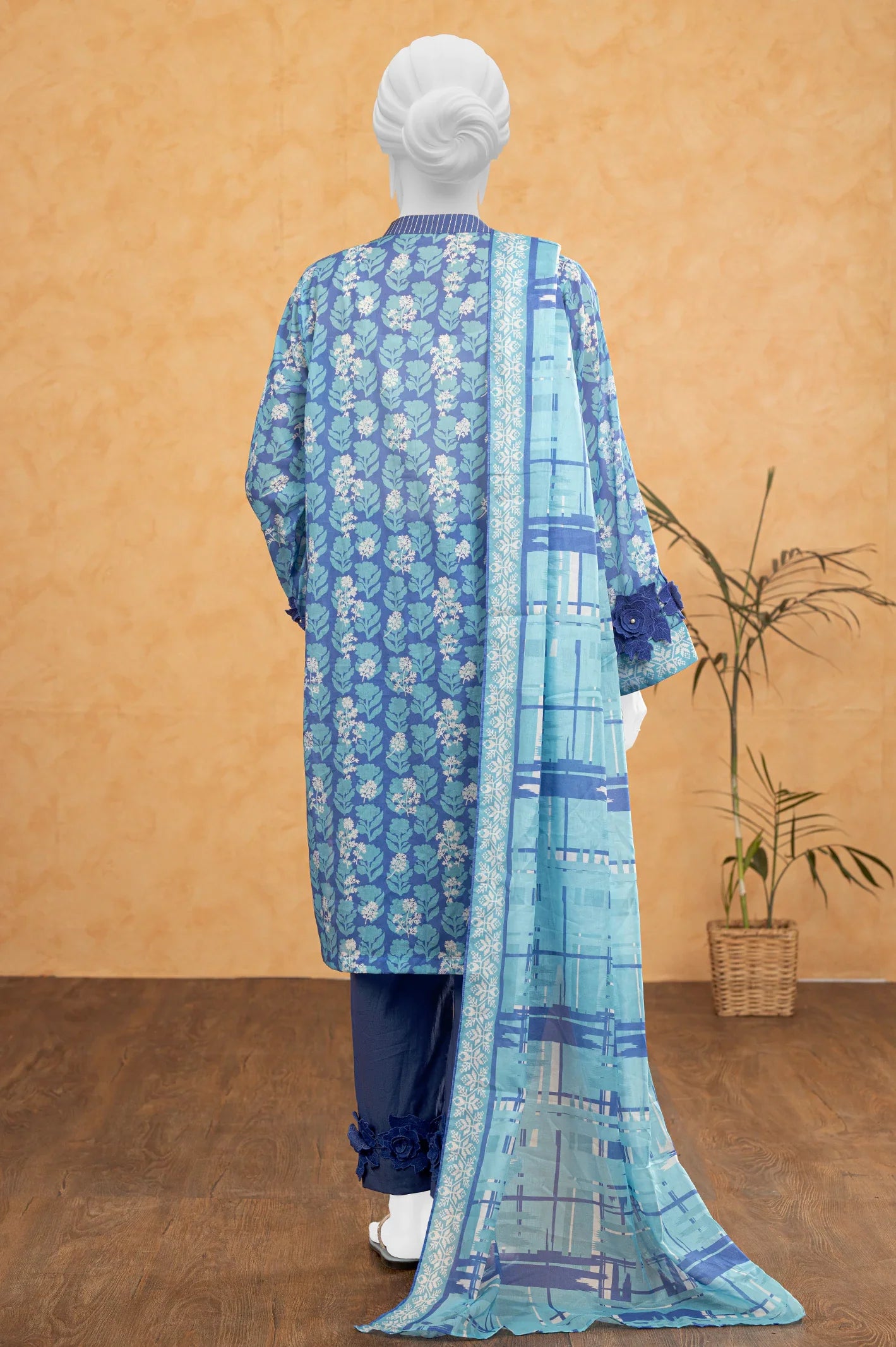 3PC Blue Printed Unstitched Suit for Womens
