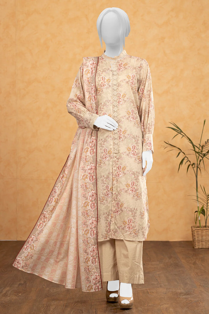 Beige 3PC Printed Unstitched Suit