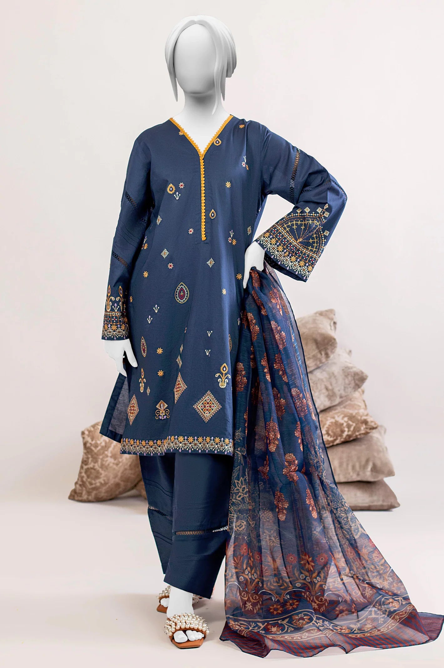 Navy Blue Embroidered 3PC Unstitched For Women