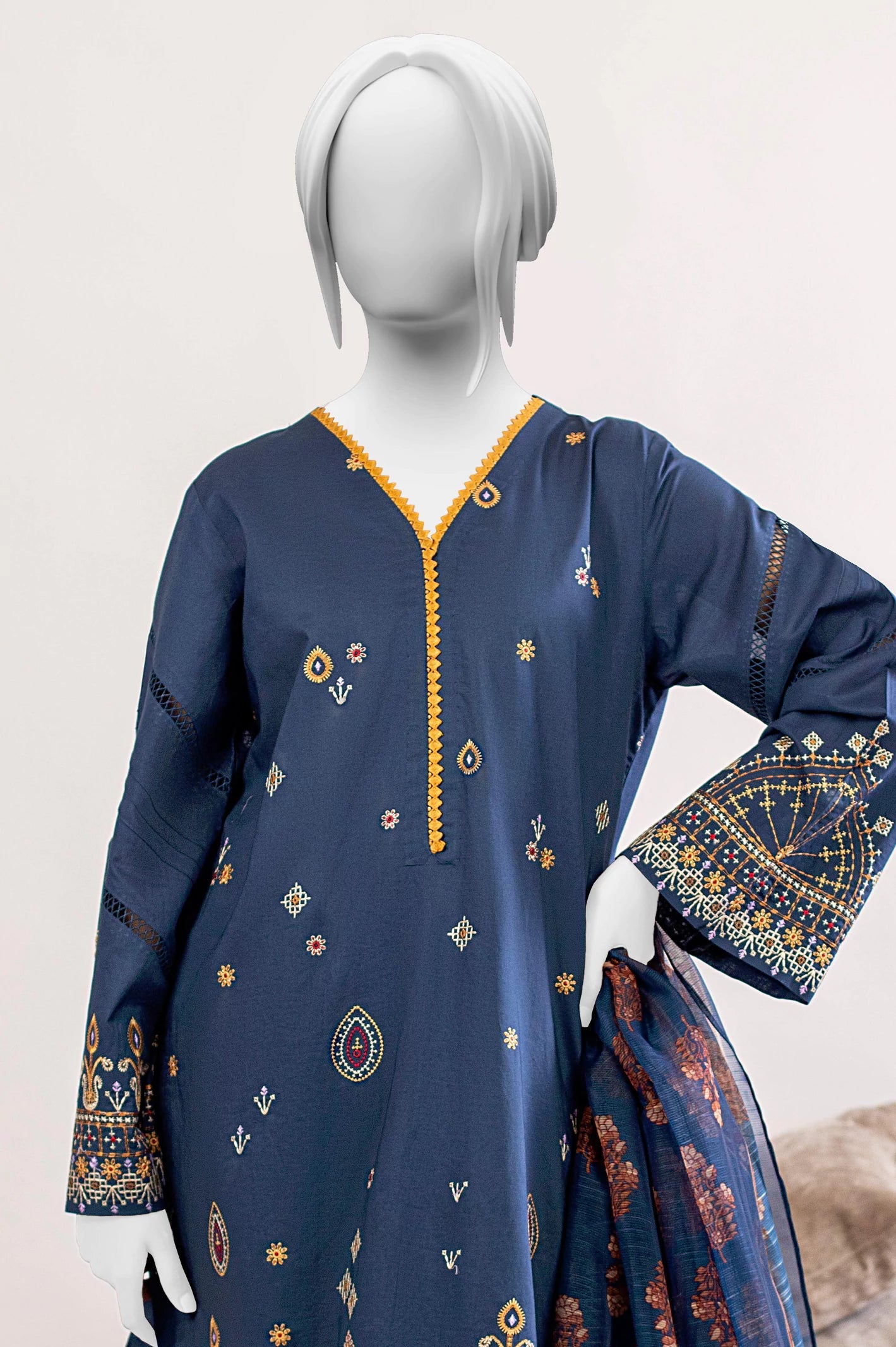 Navy Blue Embroidered 3PC Unstitched For Women