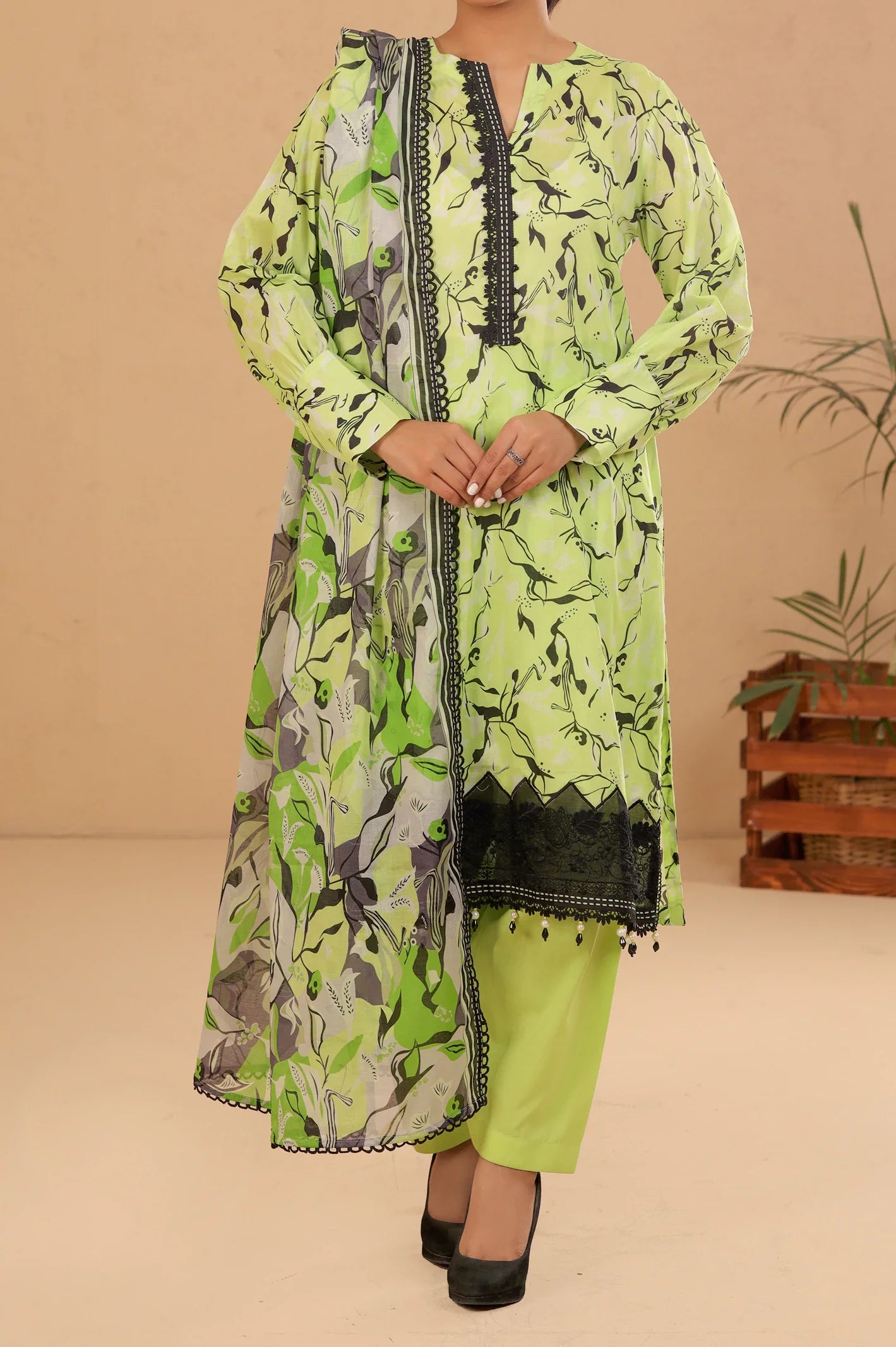 Light Green Printed Unstitched Kurti With Dupatta From Sohaye By Diners
