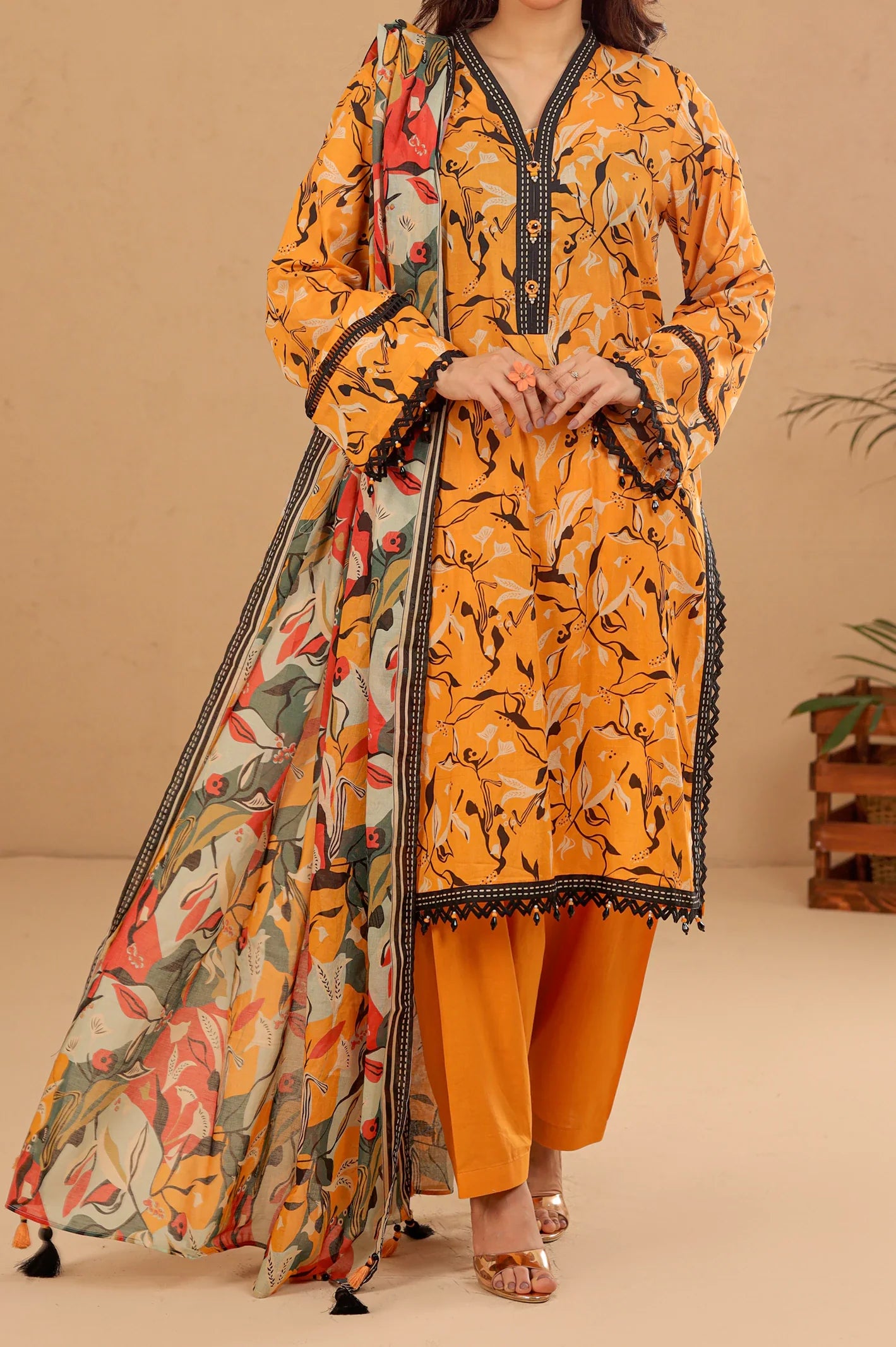Light Orange Printed Unstitched Kurti With Dupatta From Sohaye By Diners