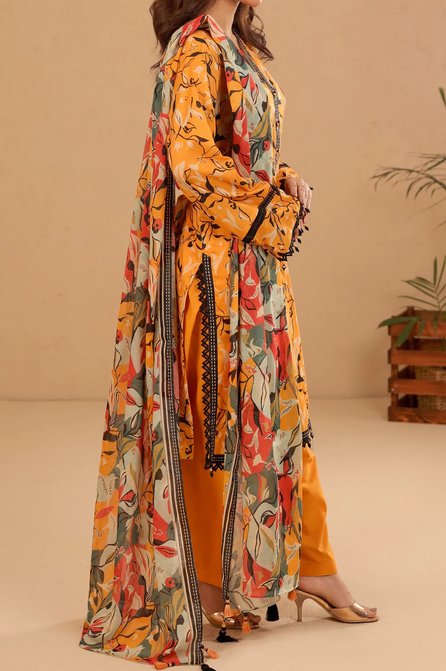 Light Orange Printed Unstitched Kurti With Dupatta From Sohaye By Diners