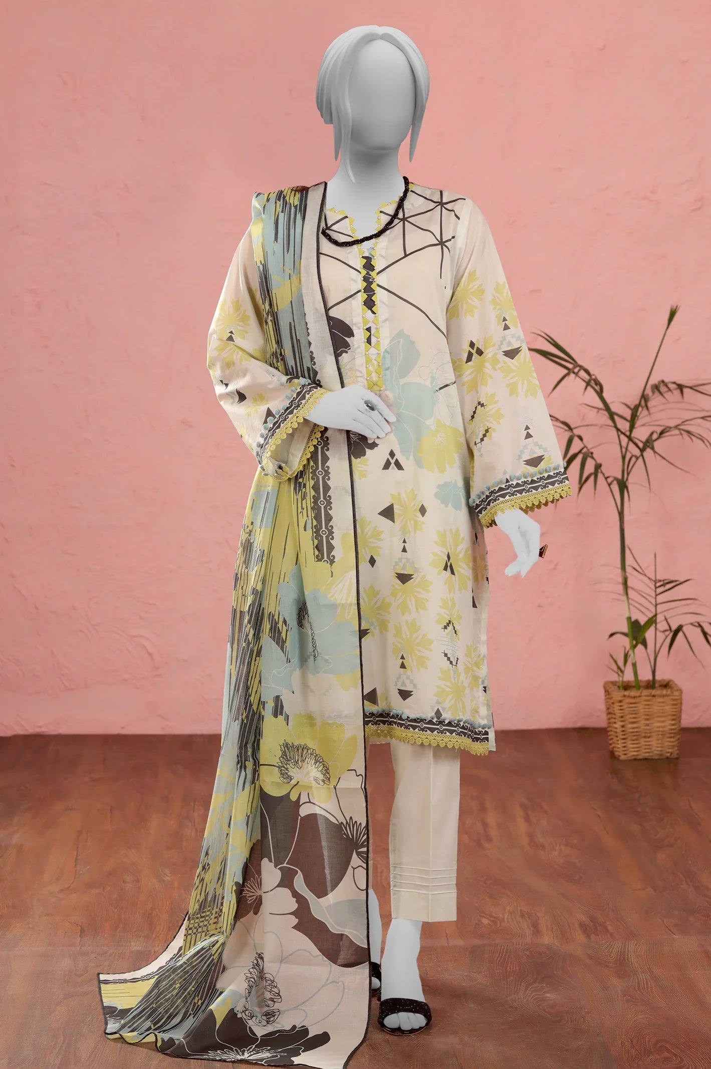 Off White Printed Unstitched Kurti With Dupatta