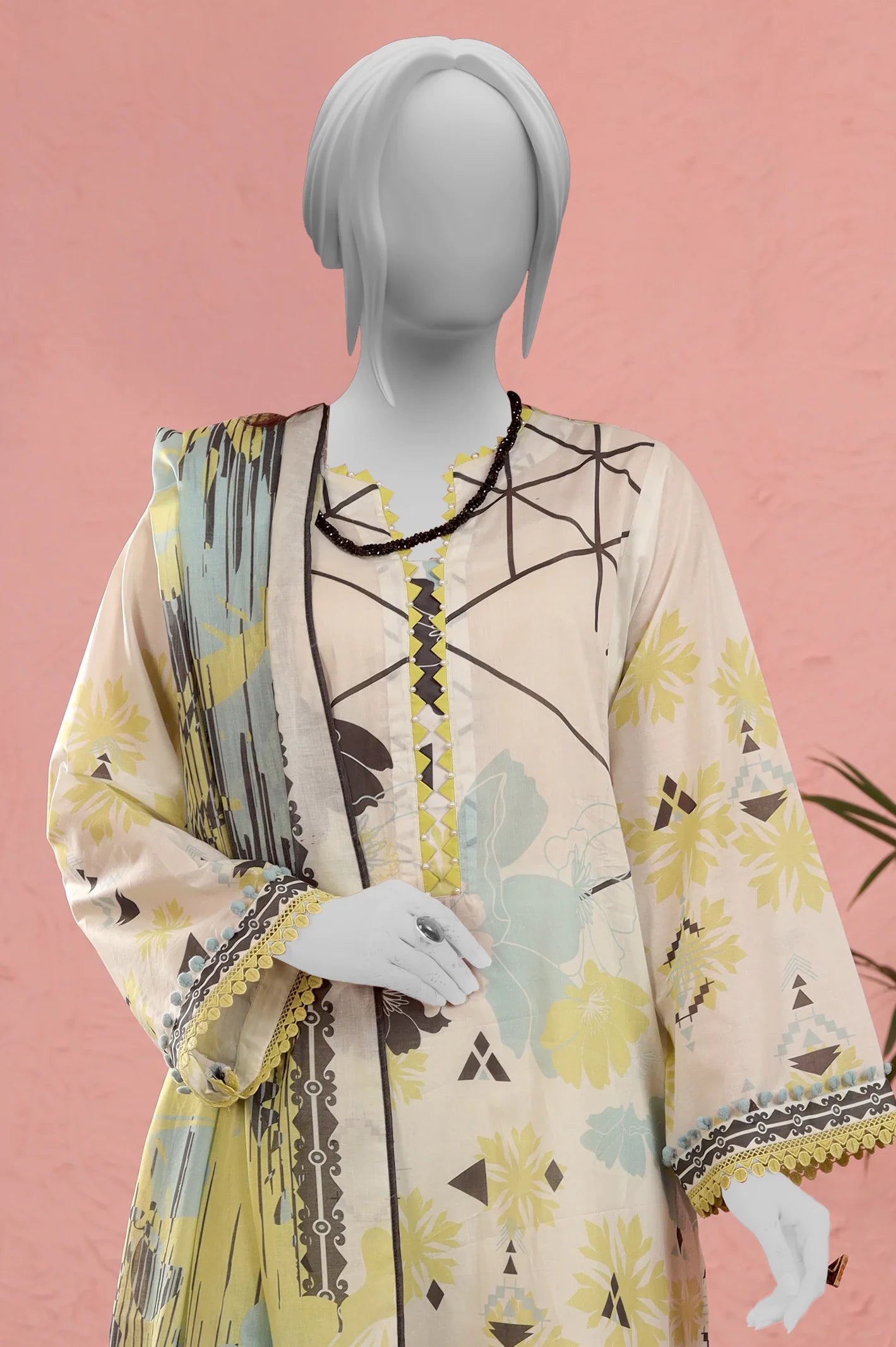 Women Printed Off White Unstitched Kurti With Dupatta