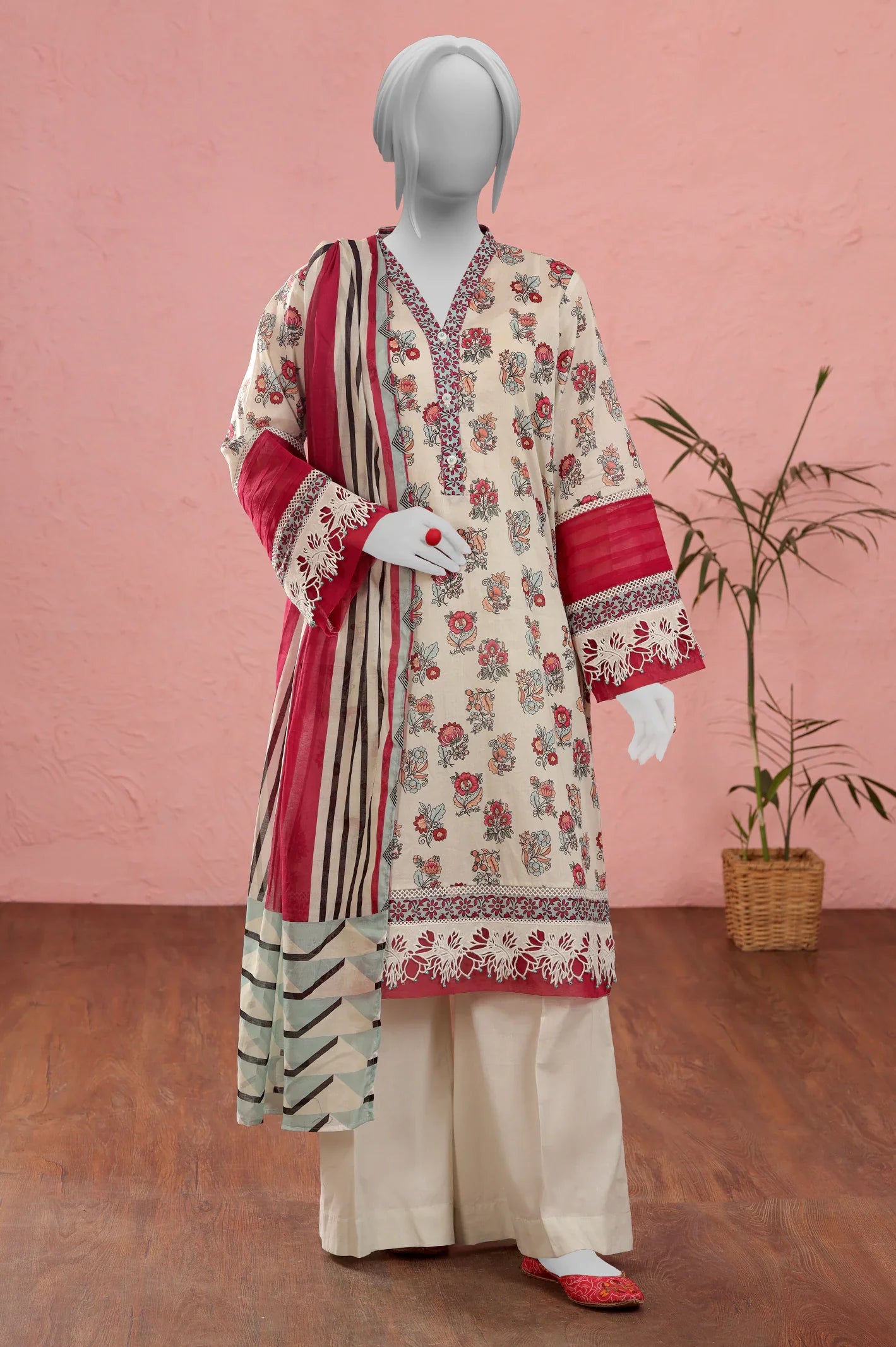 Cream Printed Unstitched Kurti With Dupatta From Sohaye By Diners