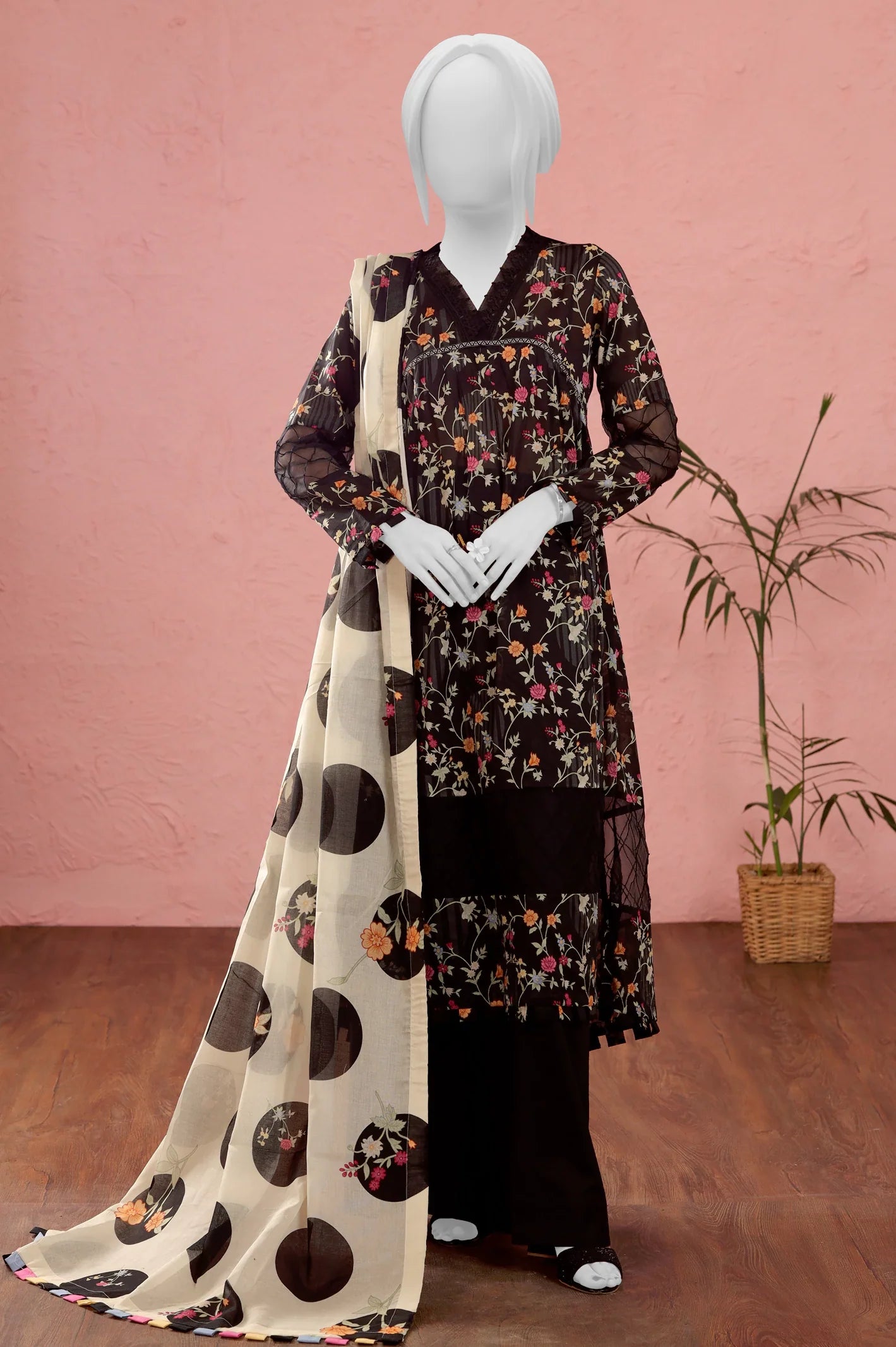 Black Printed Unstitched Kurti With Dupatta From Sohaye By Diners