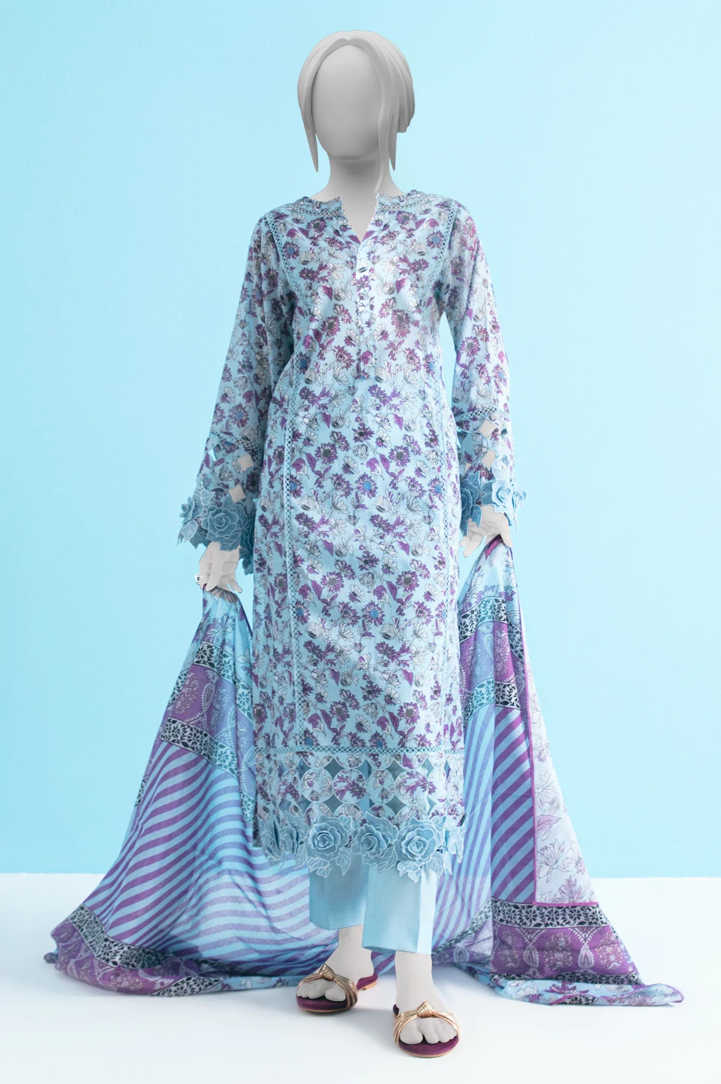 Light Blue Unstitched Kurti With Dupatta From Sohaye By Diners