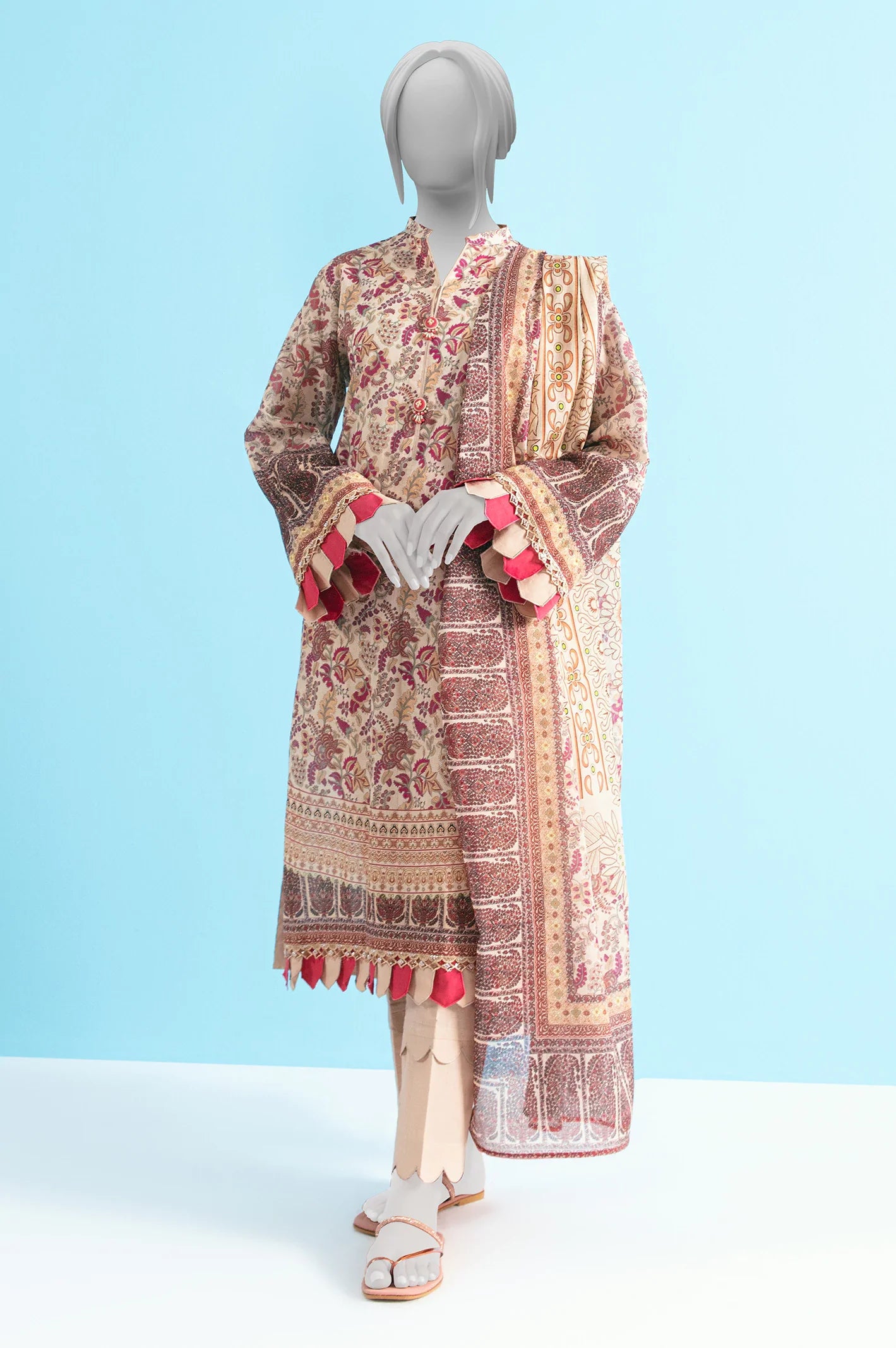 Beige Printed Unstitched Kurti With Dupatta From Sohaye By Diners