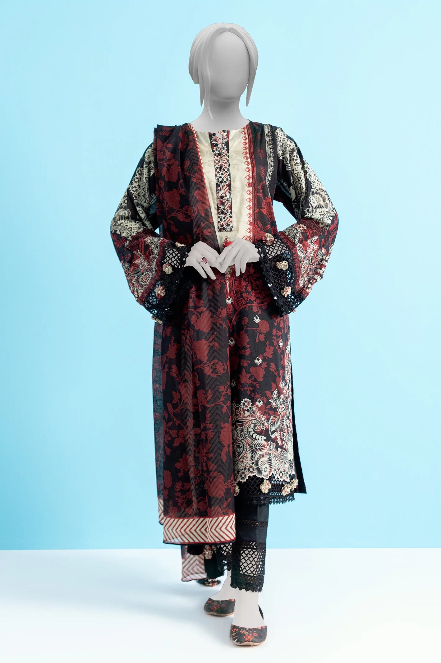 Black Printed Unstitched Kurti With Dupatta From Sohaye By Diners