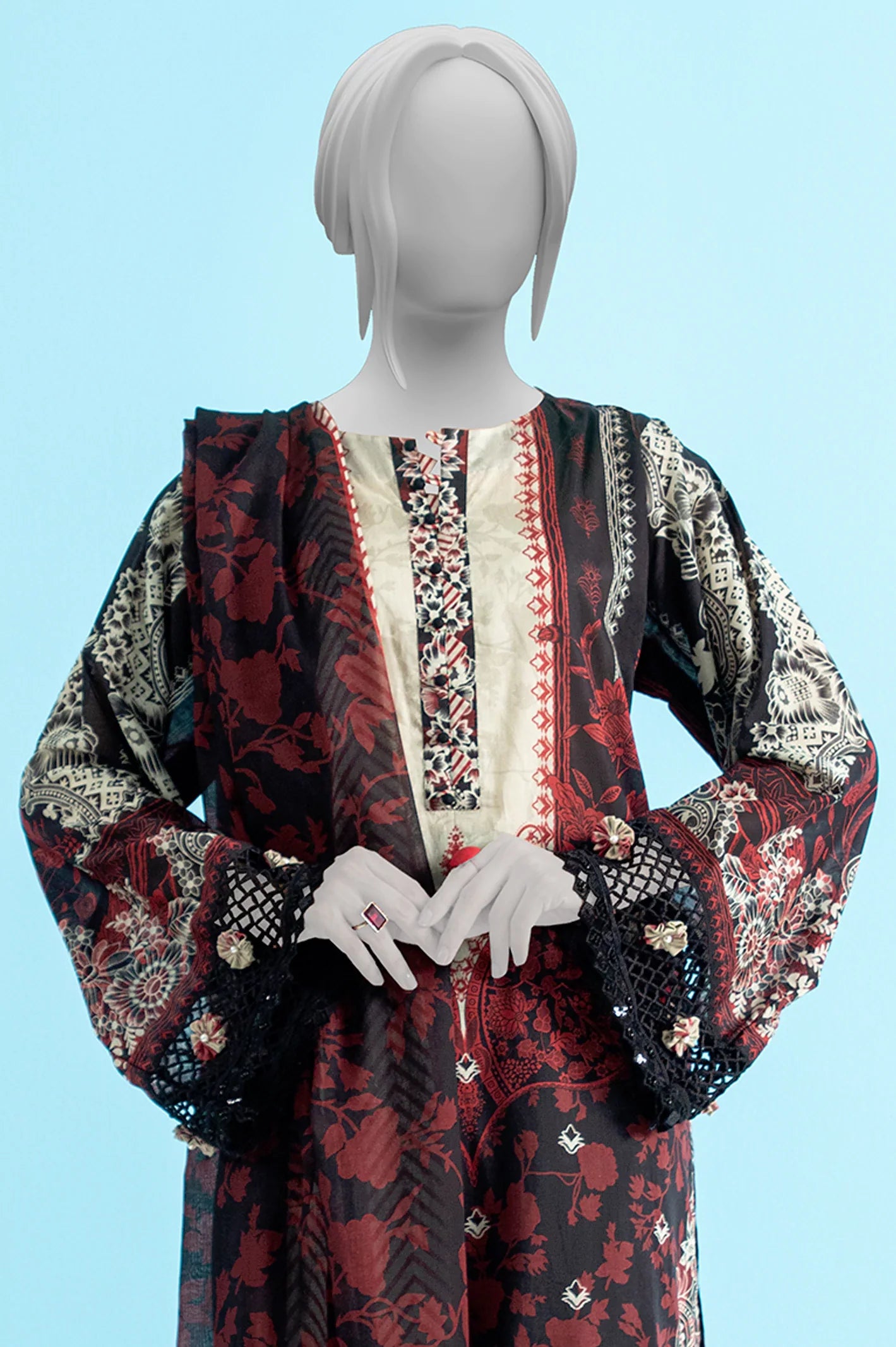 Black Printed Unstitched Kurti With Dupatta From Sohaye By Diners