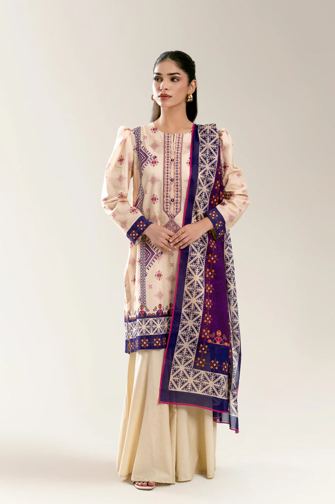 Printed Lawn-Beige Unstitched 3PC