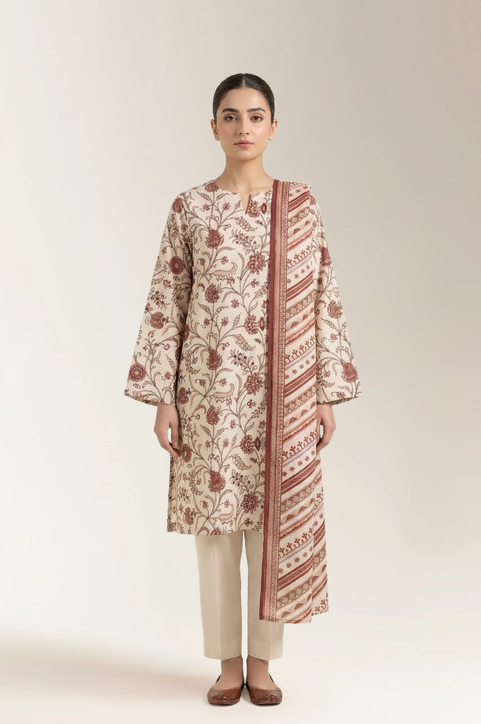 Printed Lawn-Beige Unstitched 3PC