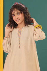 Yarn Dyed Beige Girls Embroidered 2 PC Suit