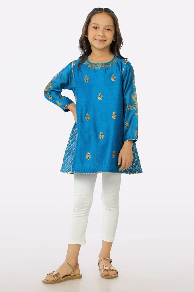 Blue Khaddi Net Block Printed Girls Kurti From Sohaye By Diners