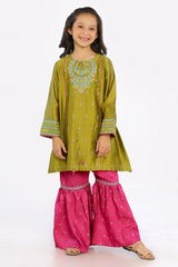 Olive Embroidered Girls 2PC Suit