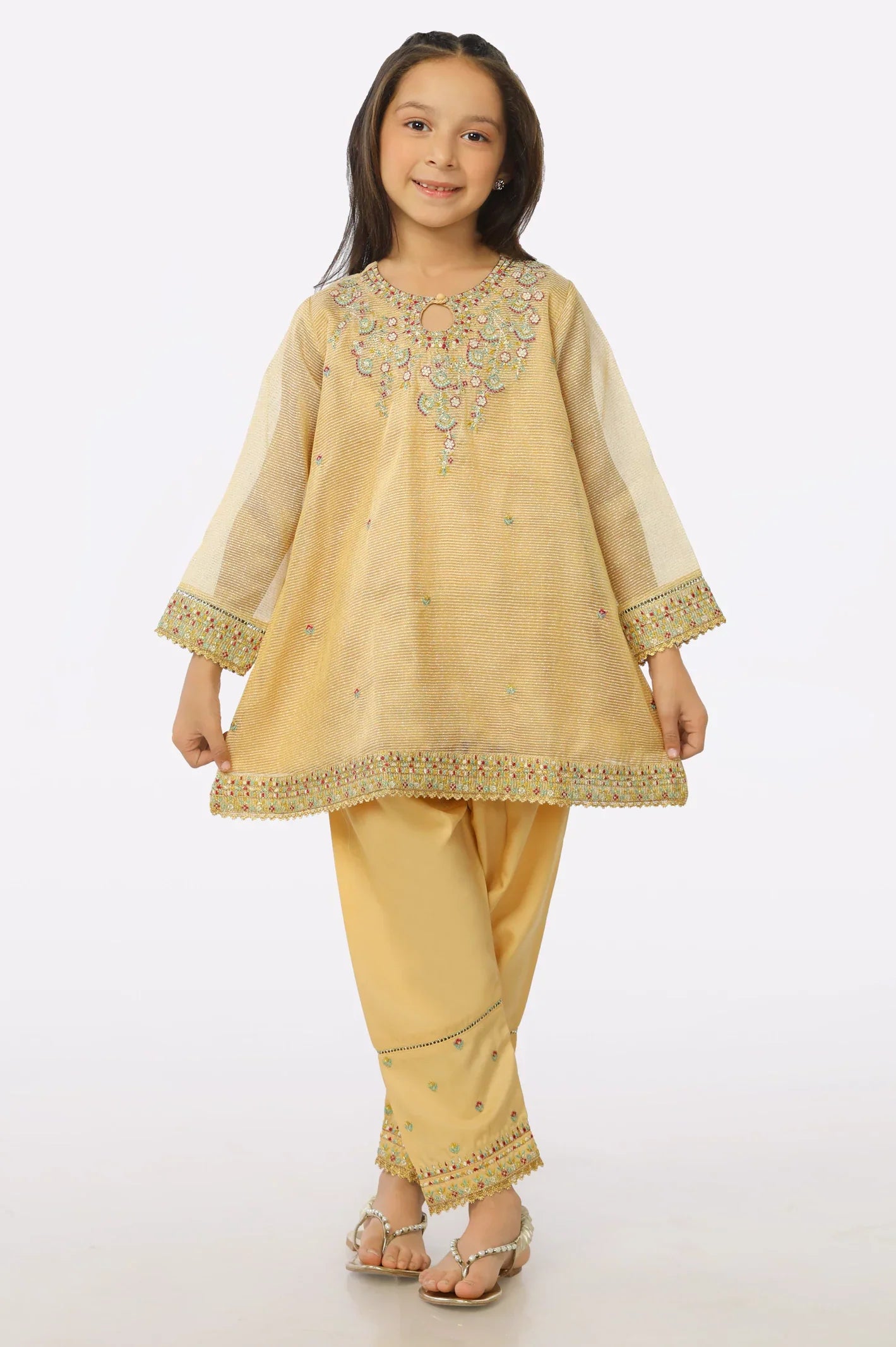 Gold Khaddi Net Embroidered Girls 2PC Suit From Sohaye By Diners