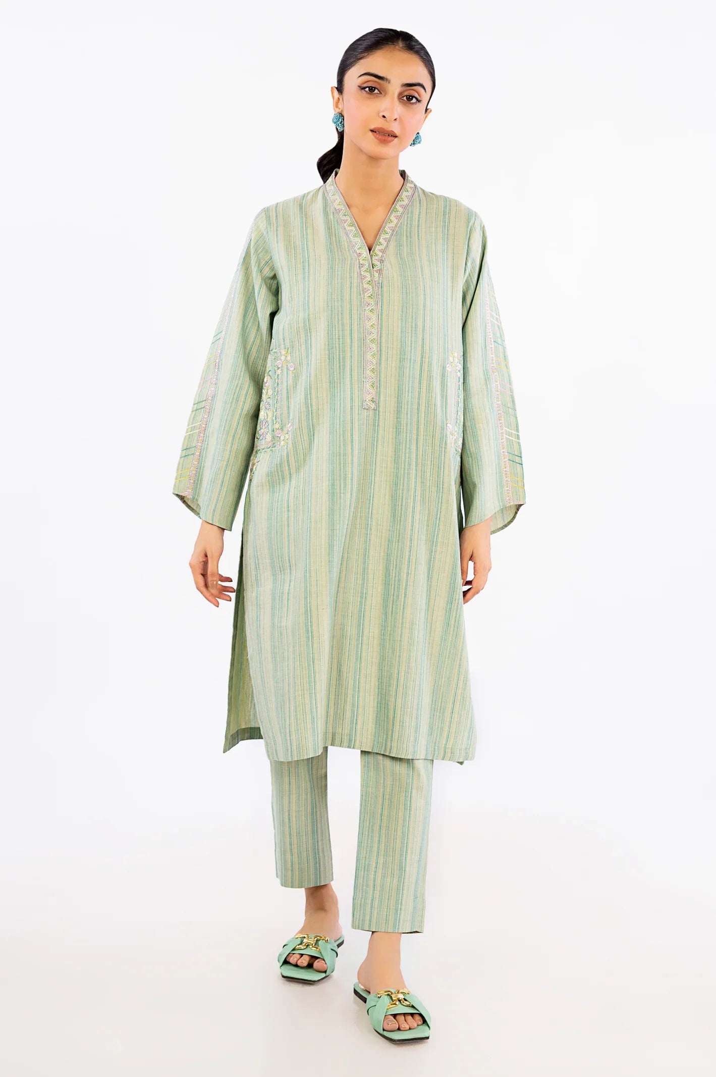 Green Embroidered Suit 2PC Suit - Diners