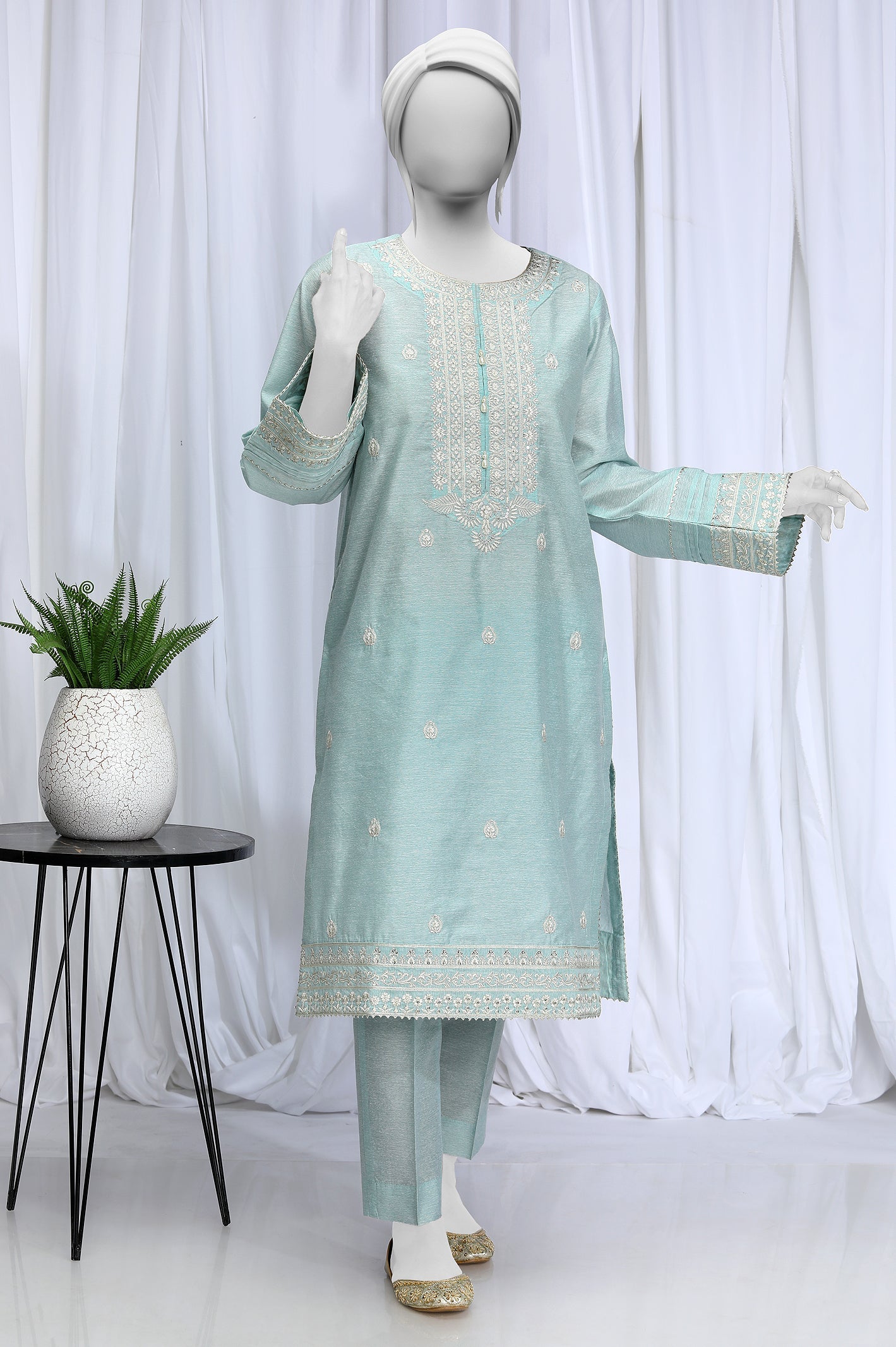 2PC Embroidered Sky Blue Suit - Diners