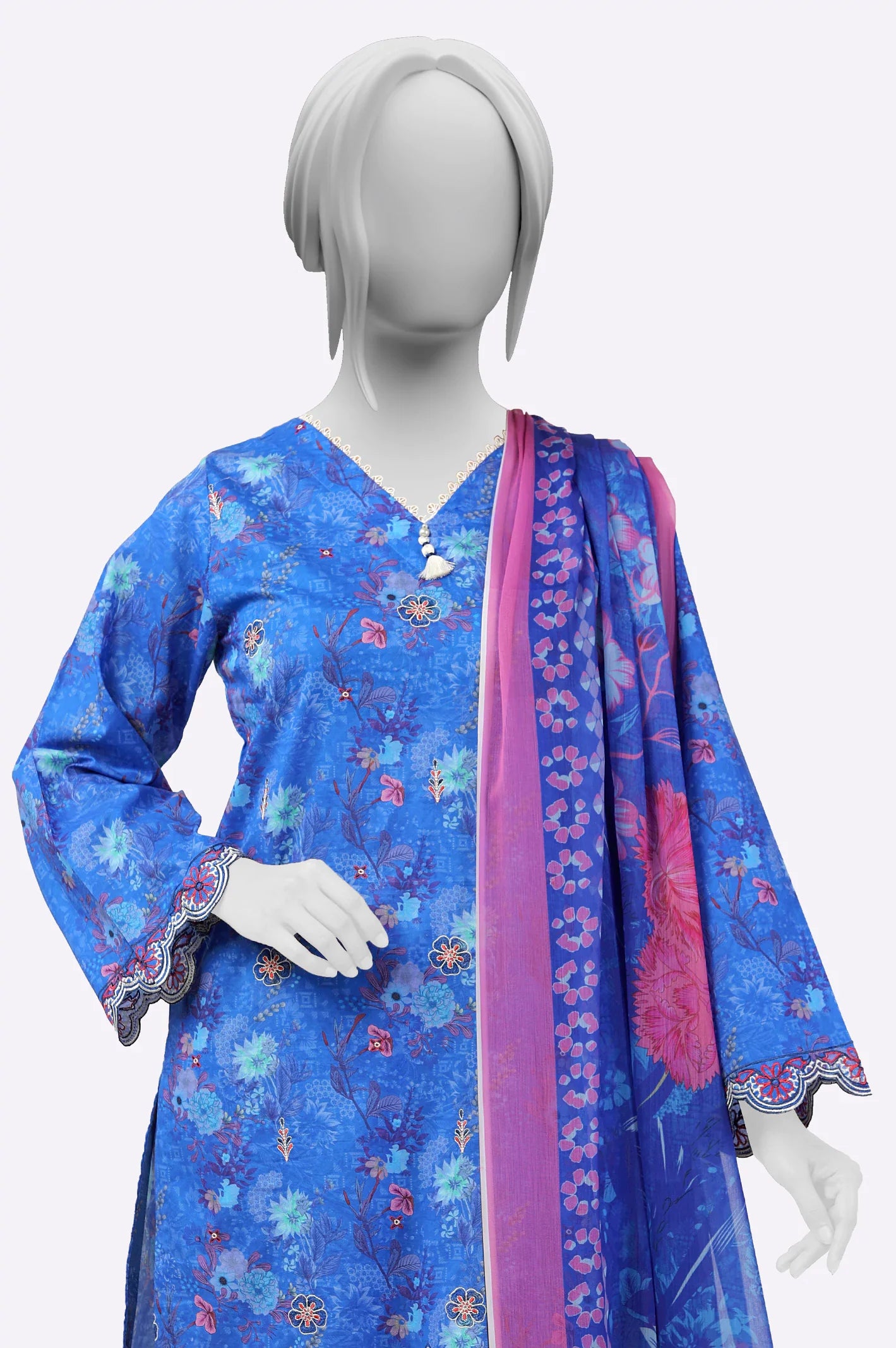Blue Embroidered Printed Kurti With Dupatta