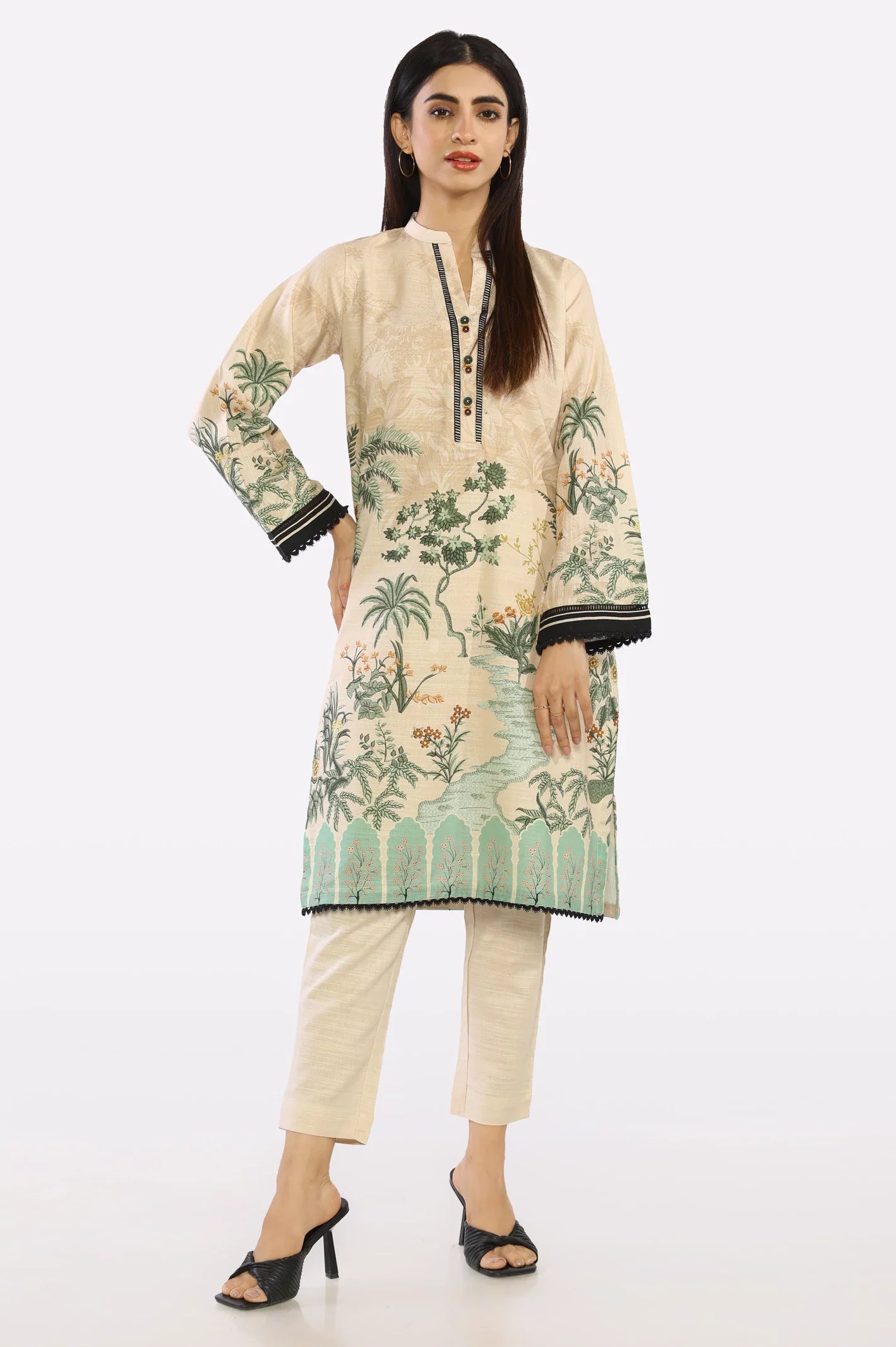 2PC Ready To Wear Printed Beige Suit
