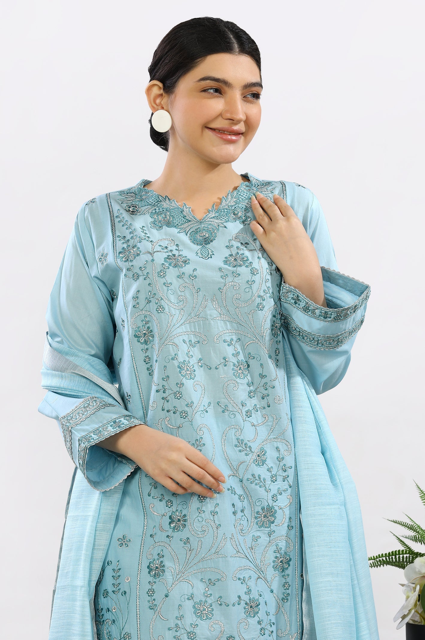 3PC Embroidered Sky Blue Suit - Diners