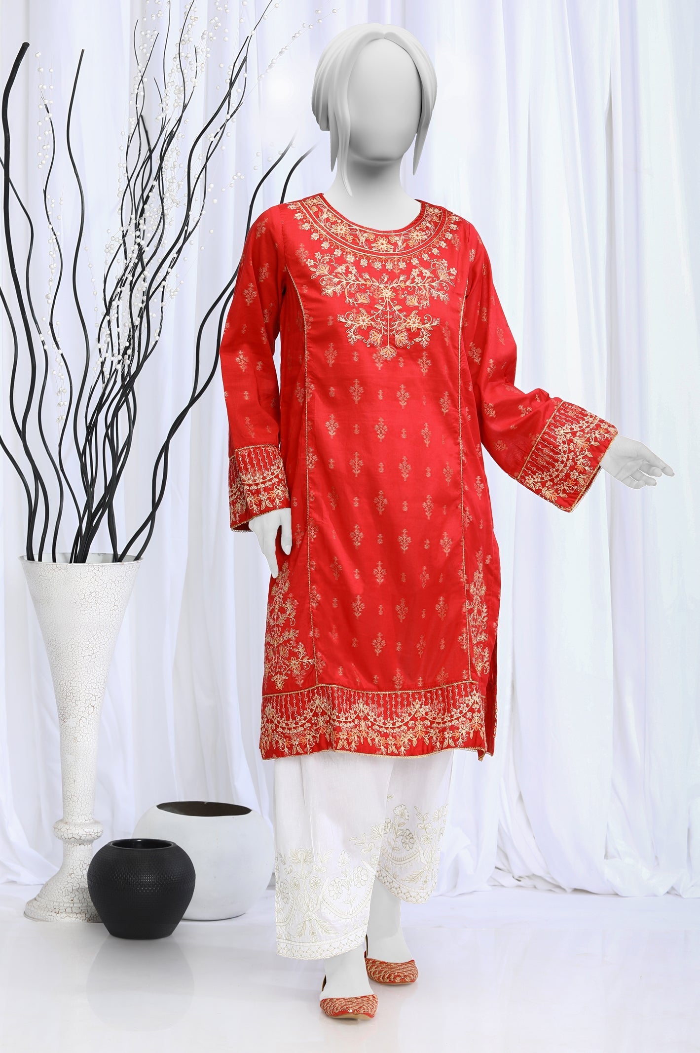 Jacquard Embroidered Red Kurti - Diners