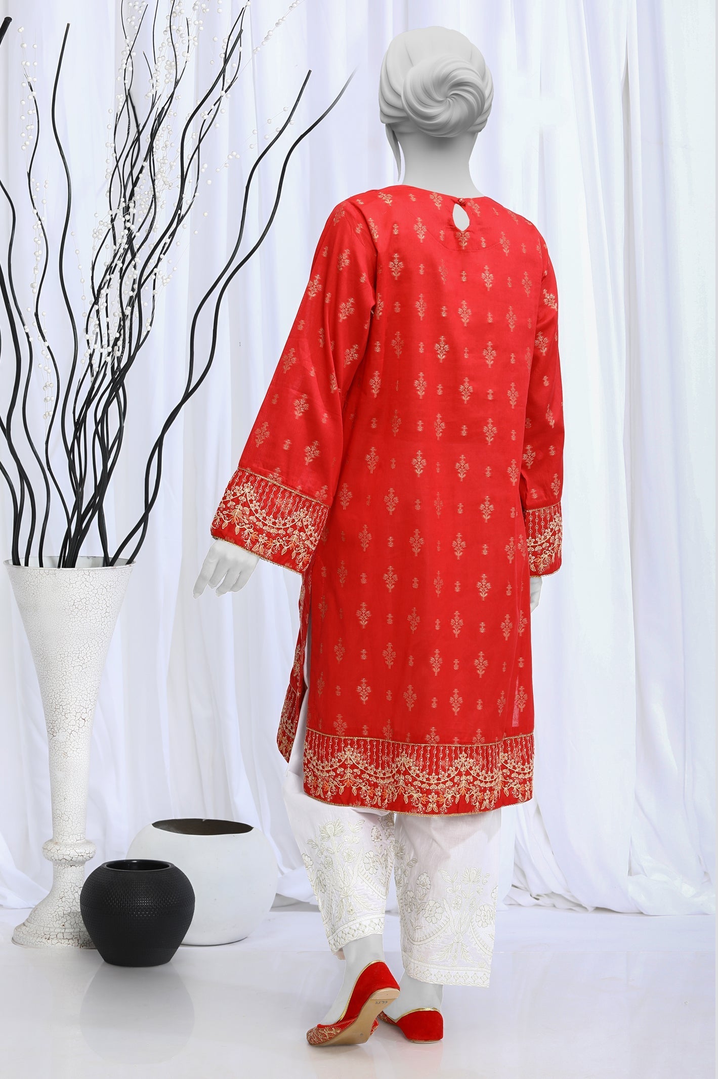 Jacquard Embroidered Red Kurti - Diners