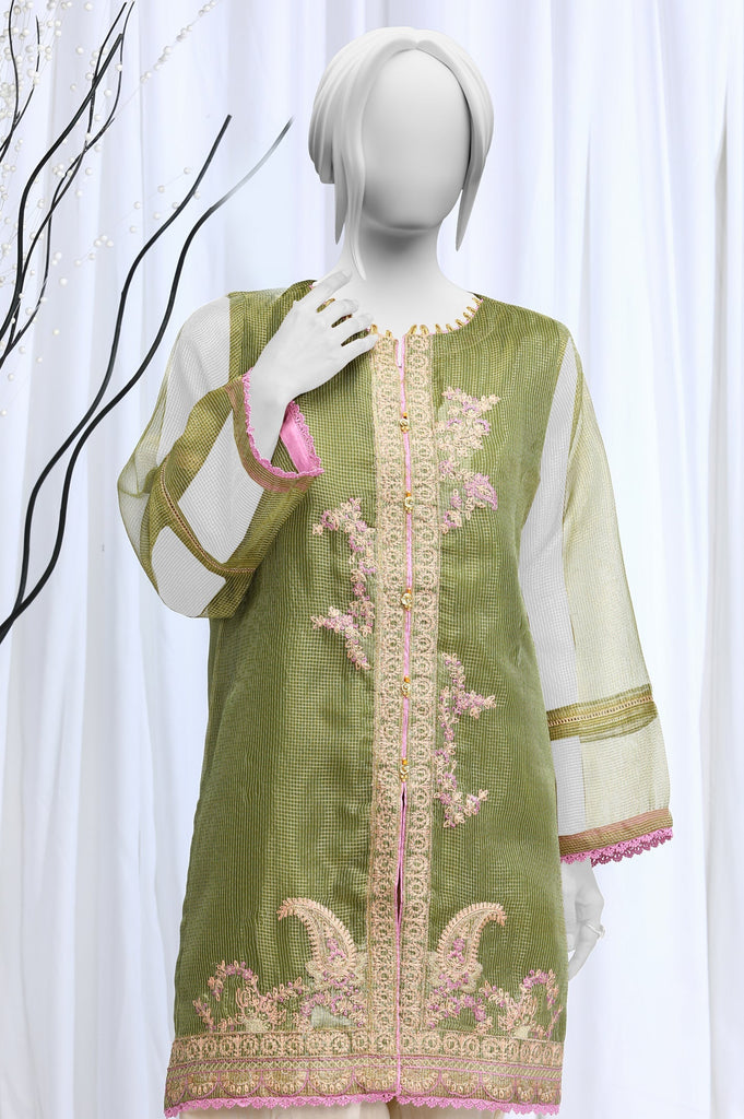 Embroidered Check Zari Green Kurti - Diners